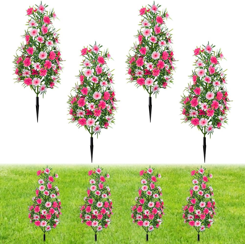 4 Pcs Artificial Topiary Ball Tree with Dianthus Flowers,20 in Cone-Shaped Faux Floral Shrub Plants with Ground Stakes,Faux UV Resistant Shrubs with Flowers for Garden, Porch,Home (2 Color)