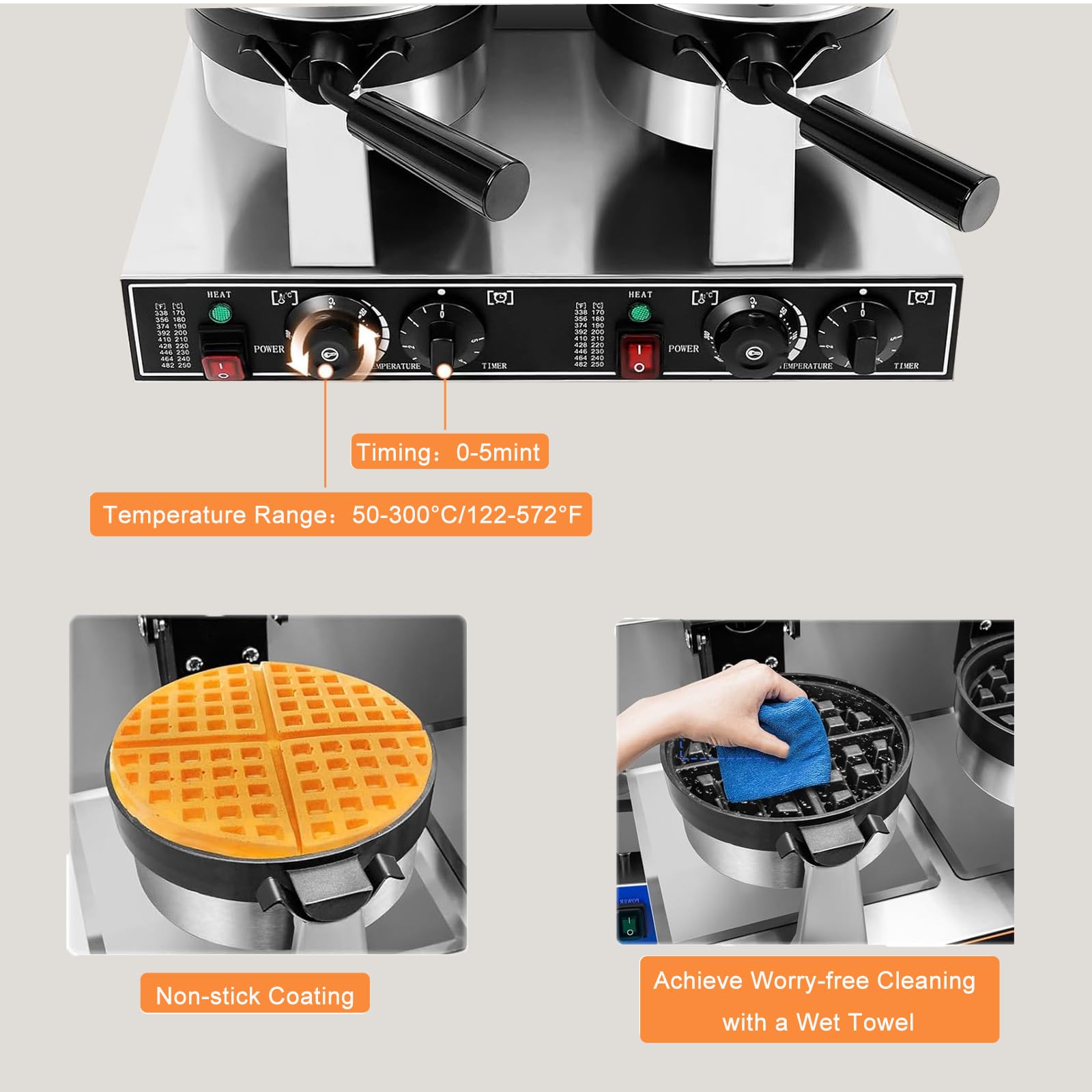 Wafflera Comercial, MáQuina para Hacer Gofres, Gofrera Belga De Acero Inoxidable Antiadherente De 1200 W con Control De Temperatura Y Tiempo, Asa, para Restaurantes Y PanaderíAs,B