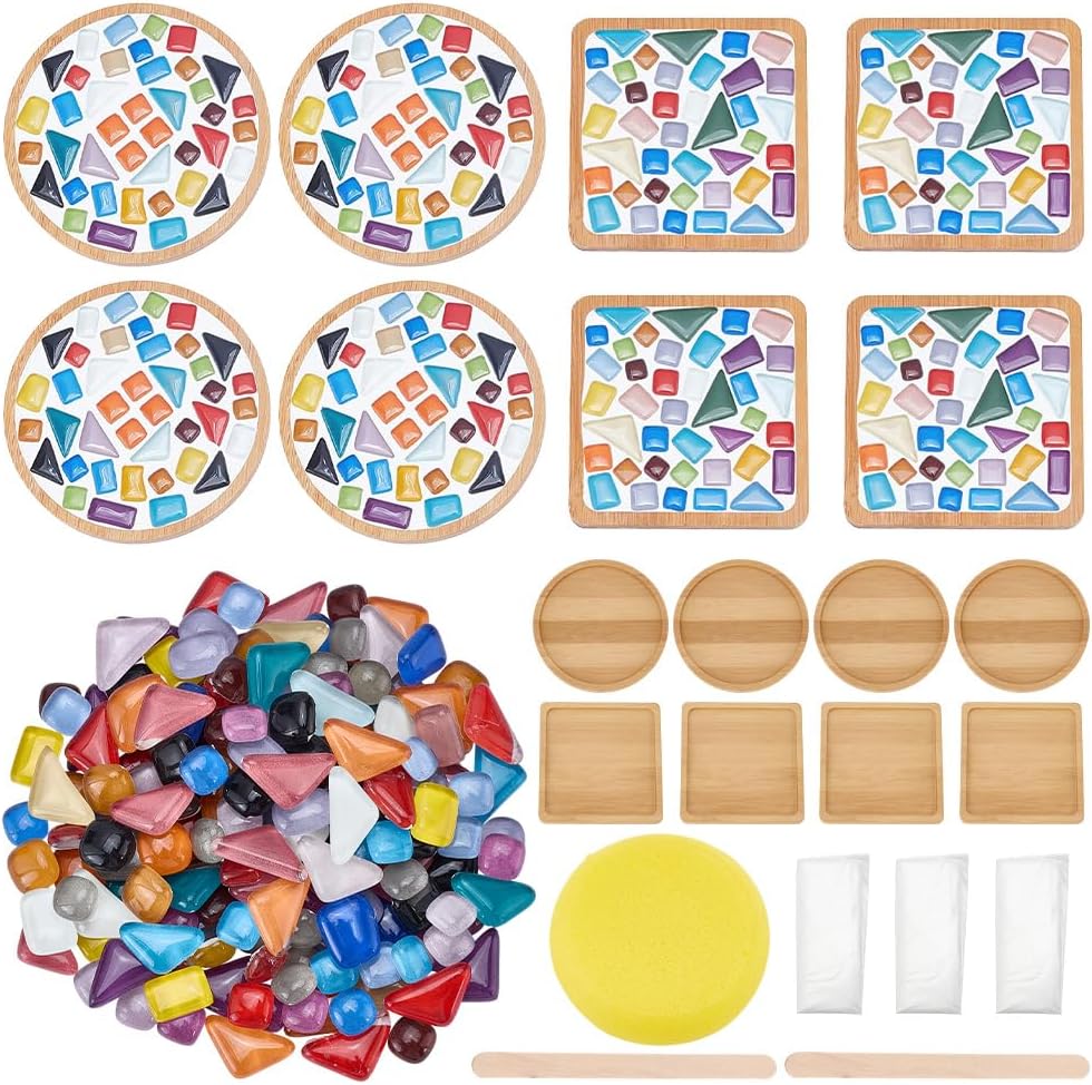 WEBEEDY 8 Sets DIY Mosaic Coaster Kit Bluk Mixed Color Glass Mosaic Tiles for Craft with Bamboo Coasters, DIY Mosaics Art Craft Coaster Making Kit for Adults Christmas Handmade Gift Office Home Decor