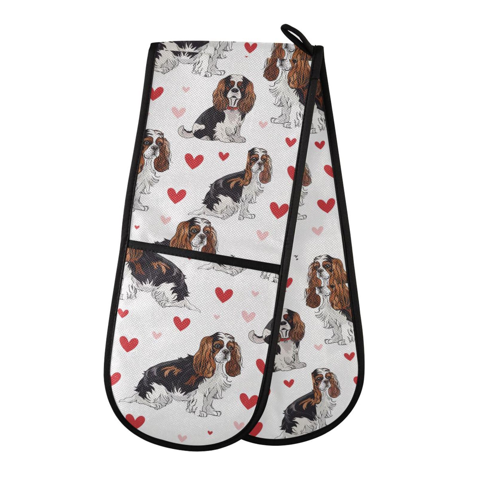 Double Oven Gloves Cavalier King Charles Dog Small Heart Heat Resistant Pot Holder Oven Mitt Gloves for BBQ Cooking Baking Grilling Microwave