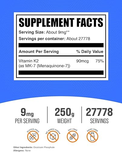 Miniatura 2 de BulkSupplements. Com Vitamina K2 en polvo  Vitamina K2 MK-7, como polvo de menaquinona  Suplemento de vitamina K2 para el bienestar, sin gluten, 9
