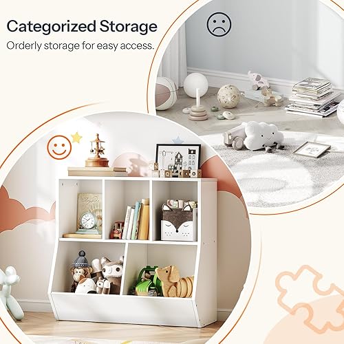 Miniatura 8 de HOOBRO Estantería para niños, estribo de biblioteca, cubo de almacenamiento de juguetes de 31.5 pulgadas de largo, estante de juguetes para niños,