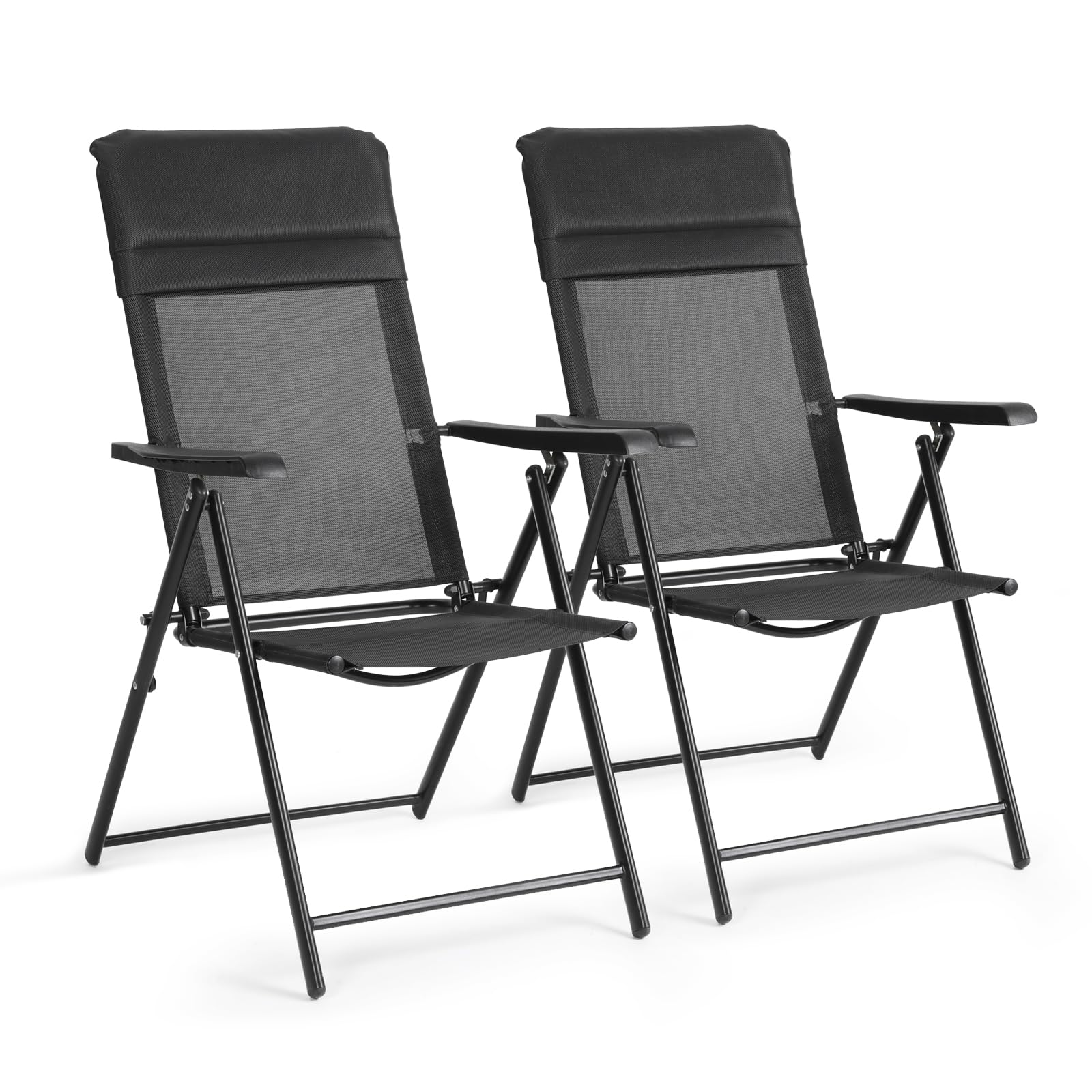 VOWNER Pack de 2 Sillas de Jardín Plegables – Silla Exterior con Respaldo Alto y Reposacabezas Extraíble – Sillones de Jardín de Textileno Transpirable y Metal – Ideal para Terraza, Balcónm, Negro