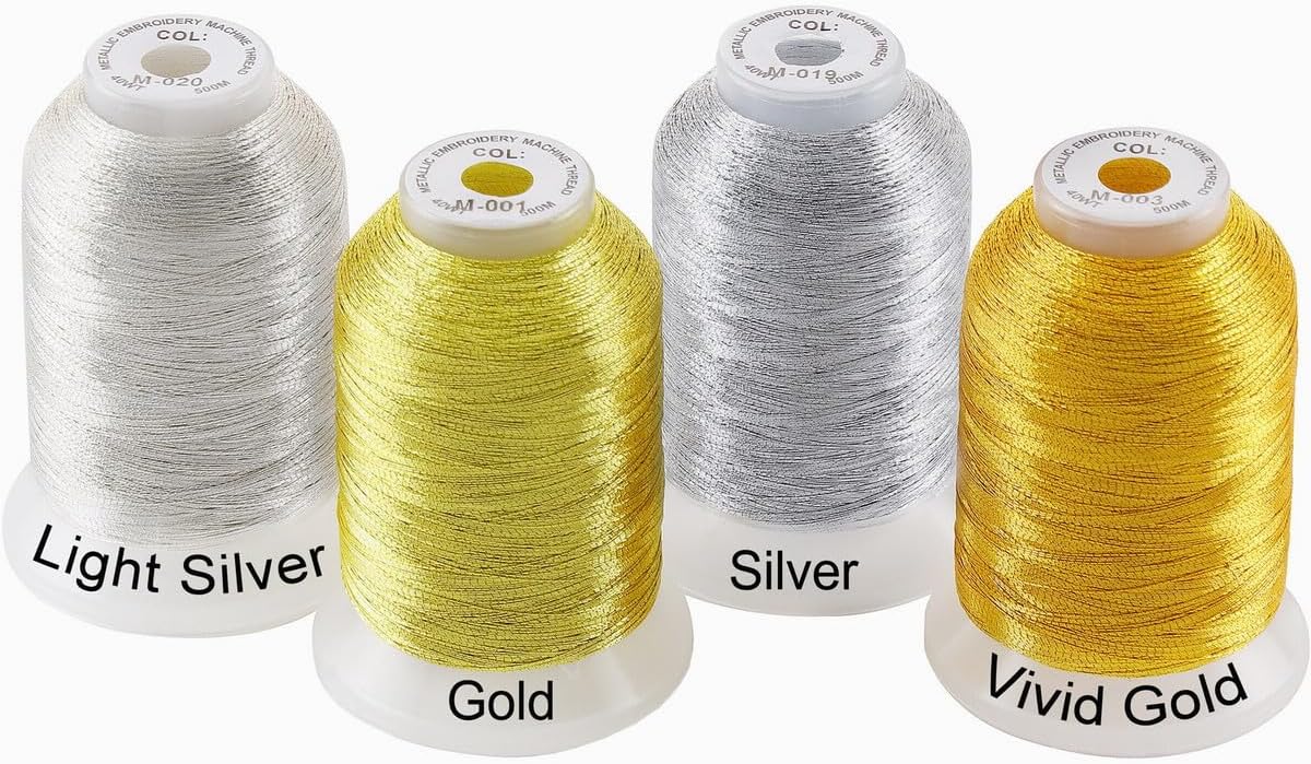 4pcs (2 Gold+2 Silver Colours) Metallic Machine Embroidery Thread Kit 500M Each Spool for Computerized Embroidery and Decorative Sewing