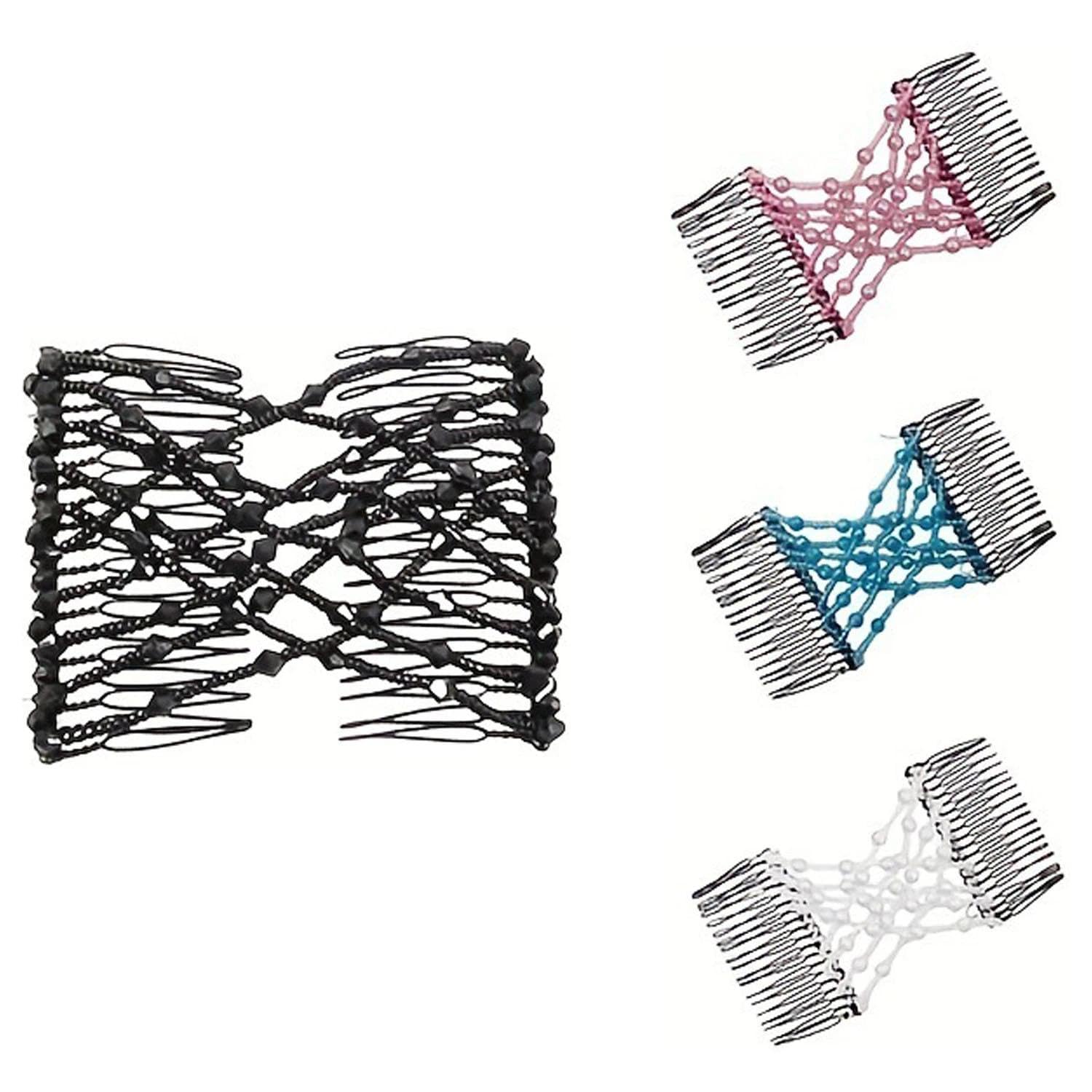 4 Piezas Peineta Doble Perlas Elásticas, Peinetas Elásticas Cuentas, Peinetas Mágicas Cristal, Pasadores Pelo Elásticos Mágicos, para Mujeres y Niñas Cabello Grueso Rizado Fino (Cuatro Colores)