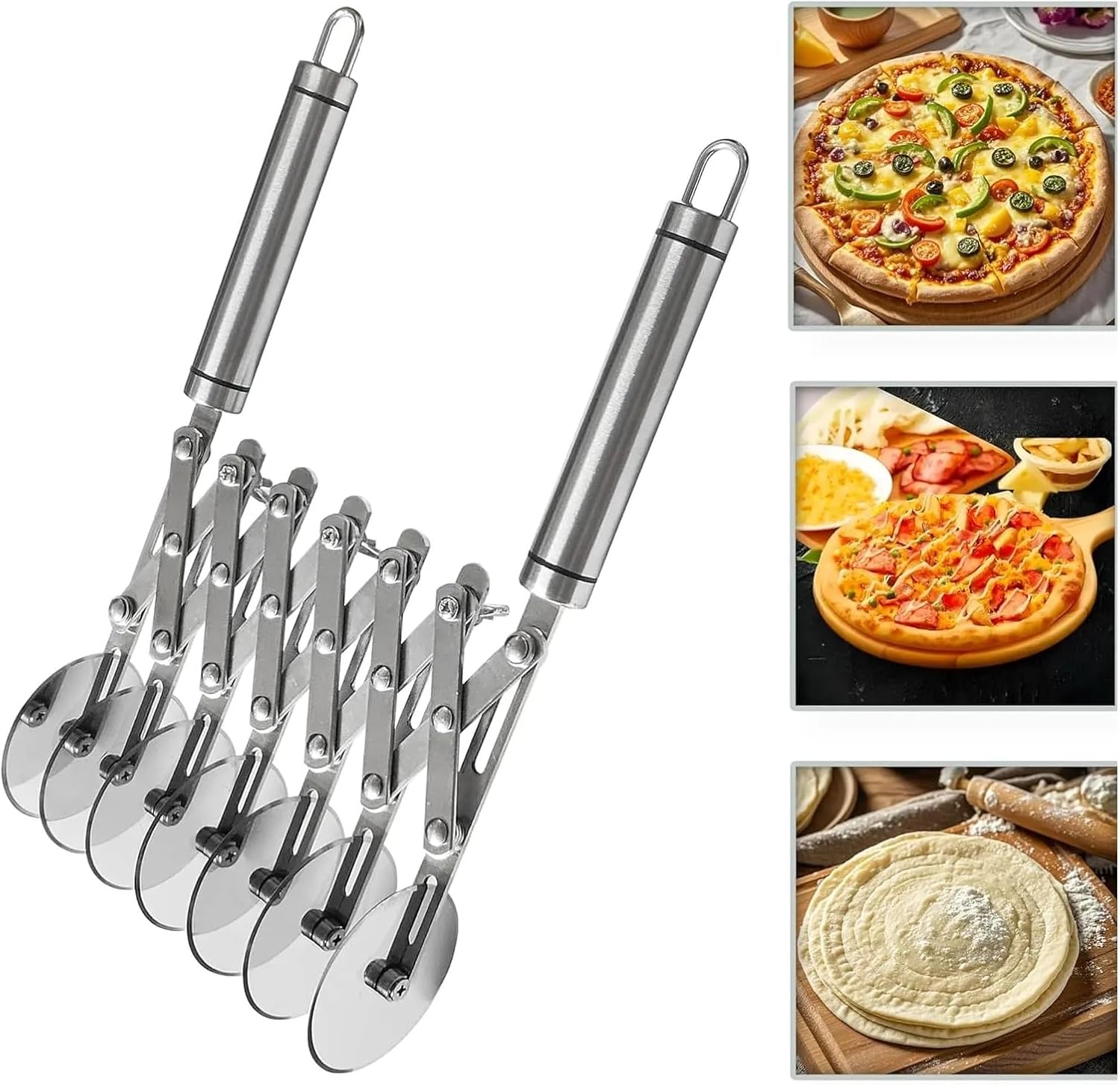 3/5/7 Wheel Pastry Cutter with Handle Stainless Steel Double Cutter Adjustable Pizza Slicer Cookie Divider Dough Cutter Roller(5 Wheels)