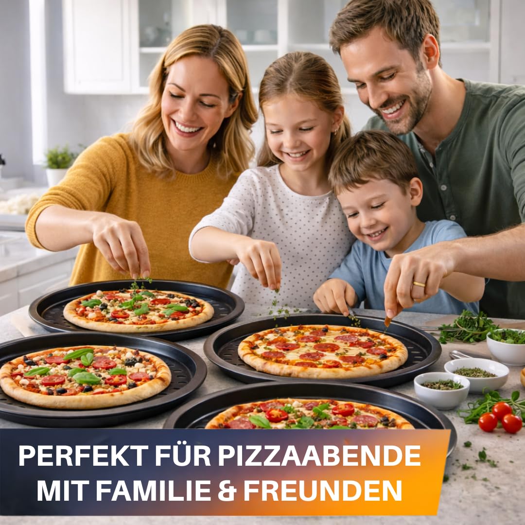 Lot de 4 plaques à pizza Ø 32 cm - Plaque ronde perforée pour pizza et tarte flambée en acier - Revêtement antiadhésif - Résistant à la chaleur jusqu'à 250° - Anthracite