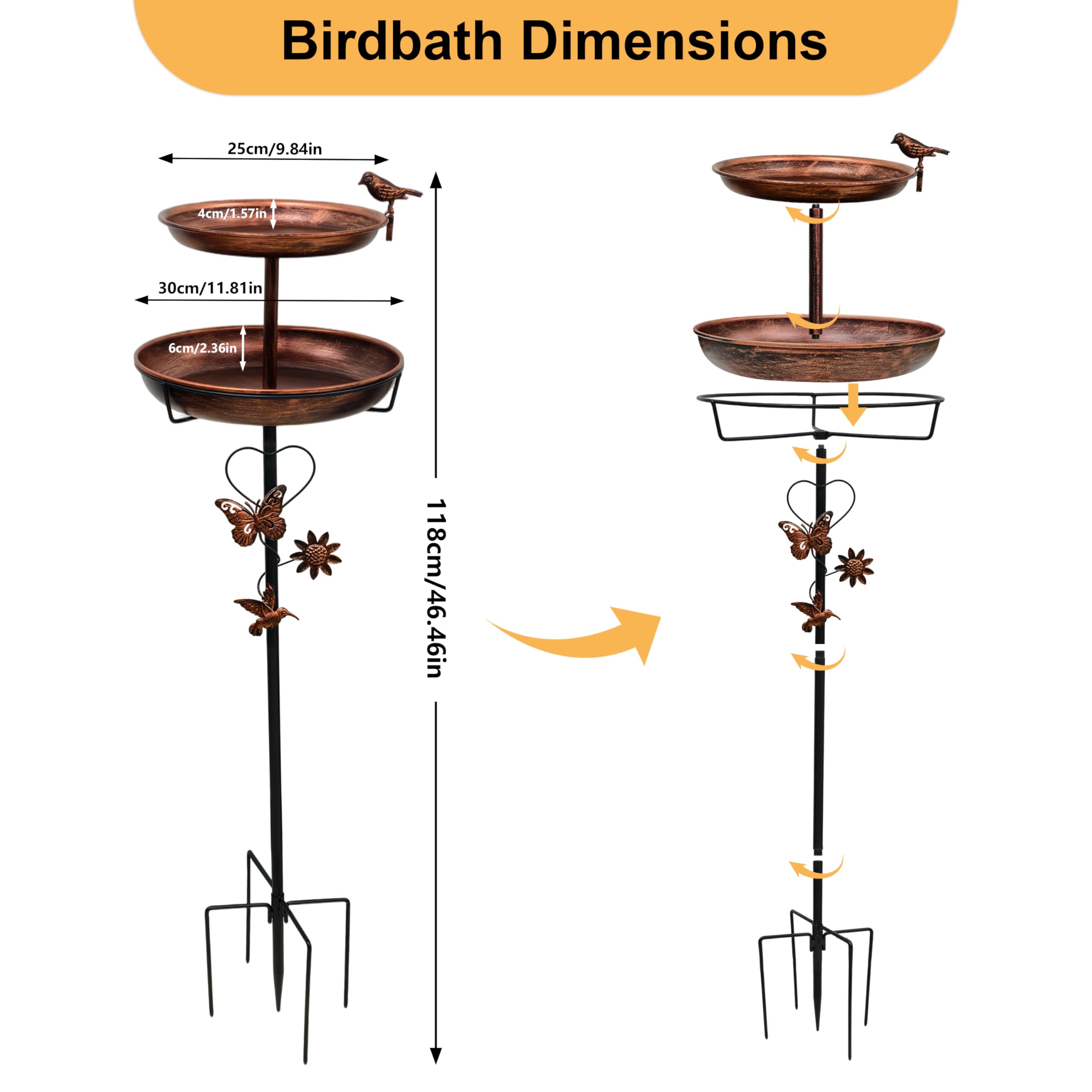 unho Vogeltränke Stehend,Vogelbad für den Garten,Metall | 2 In 1 Vogelbecken Wassertränke für Vögel Metall Vintage Freistehendes Vogelbad