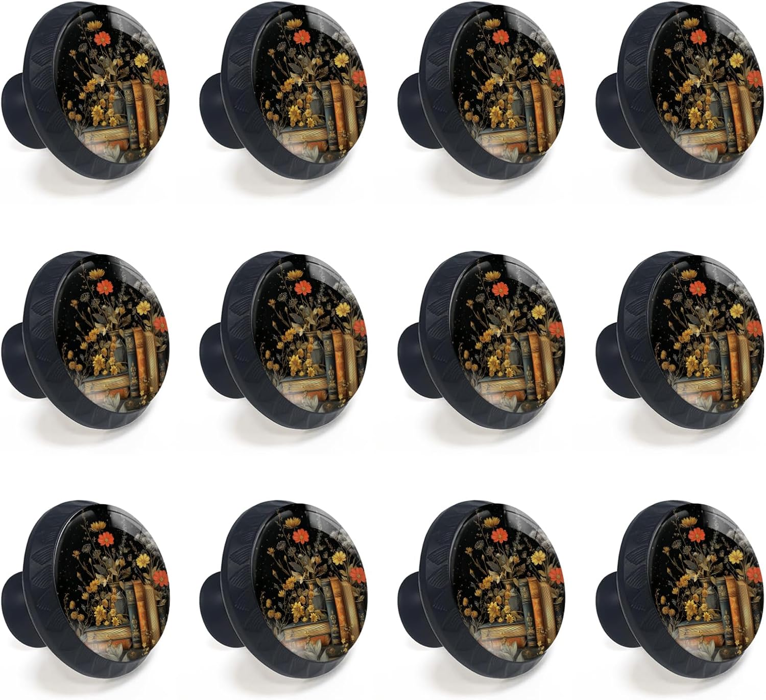 12 Pack Vintage Botanical Book Flowers Cabinet Knobs Round Drawer Pulls Black Dresser Knob Cupboard Door Handles Hardware for Kitchen Bathroom Cabinets