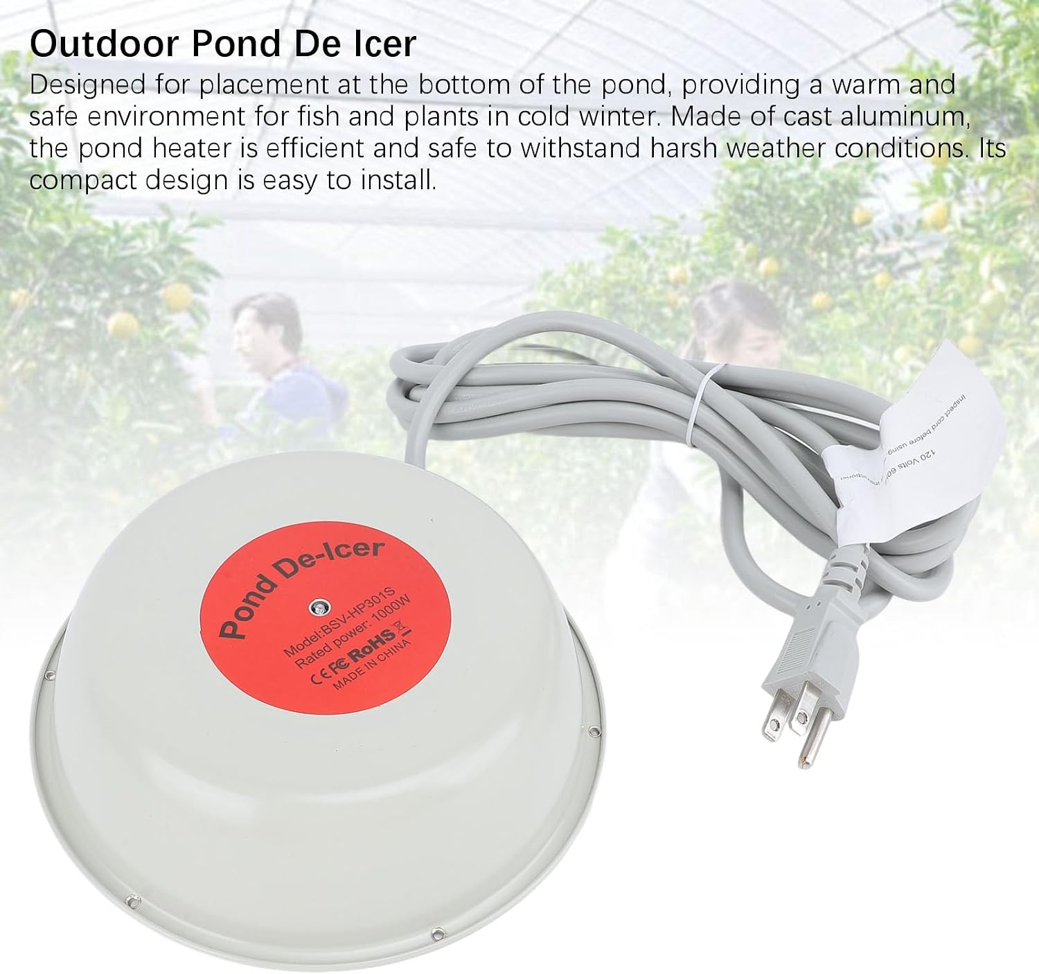 1000W Cast Aluminum Bird Bath Heater with Smart Temperature Control, Outdoor Pond De Icer for Winter Use, Includes 9.8ft Power Cord