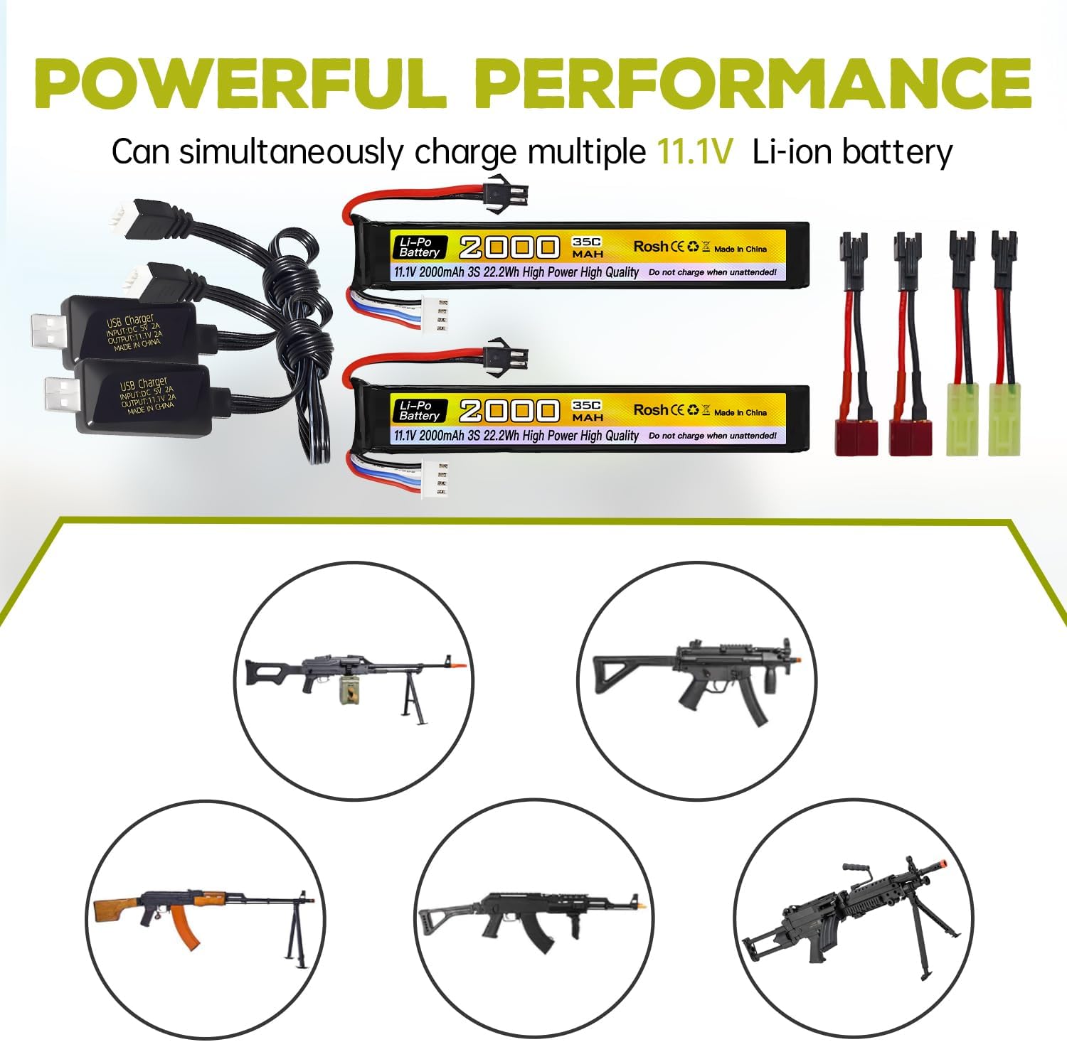 2PCS 11.1V 35C 2000mAh SM-2P Plug T Plug Odamiya Plug Lithium Battery with USB Charging Cable for Airsoft Model Gun Rifle RC Car Drone Battery