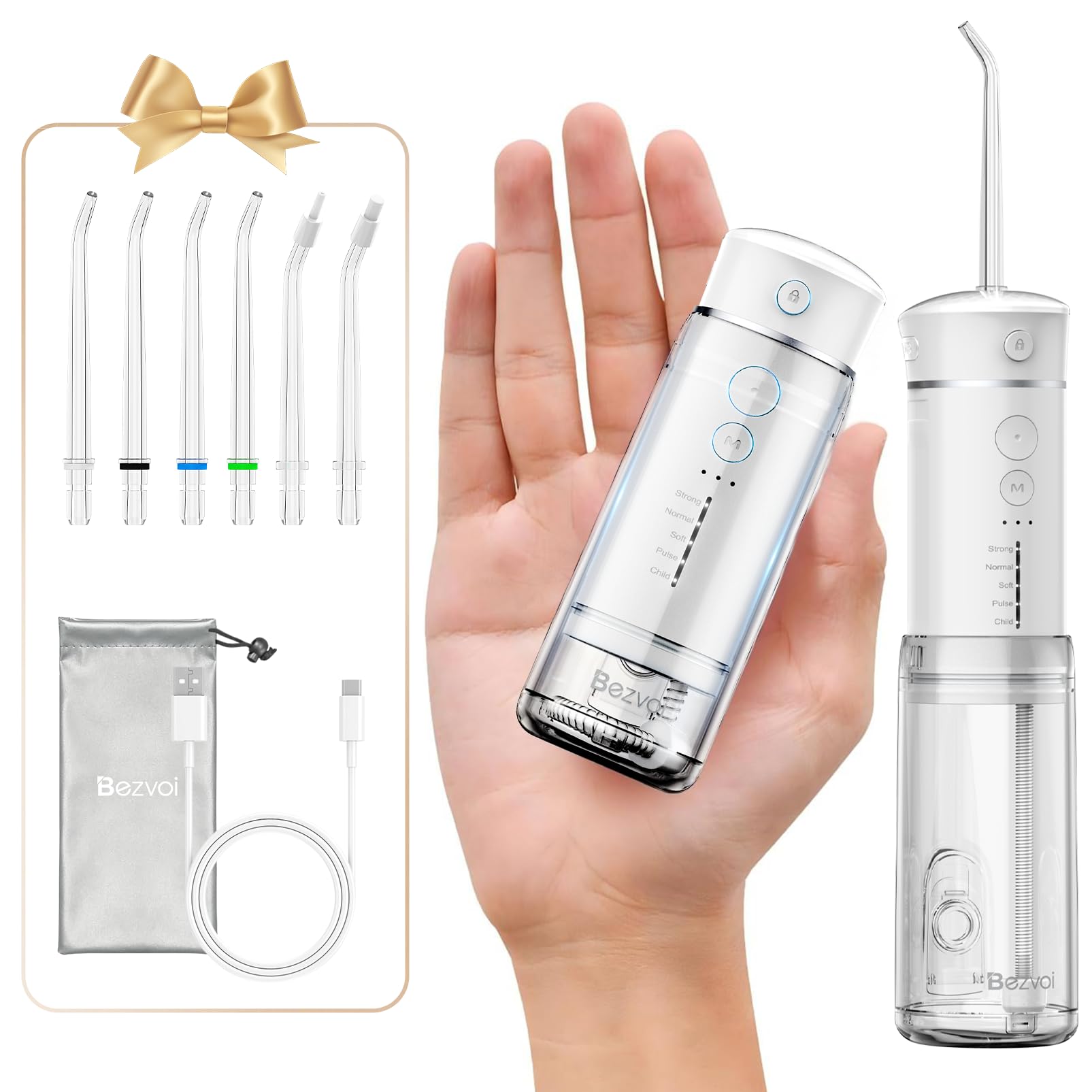 Bezvoi Mini Portable Water Flosser for Travel, 5 Modes Dental Floss, 6 Tips