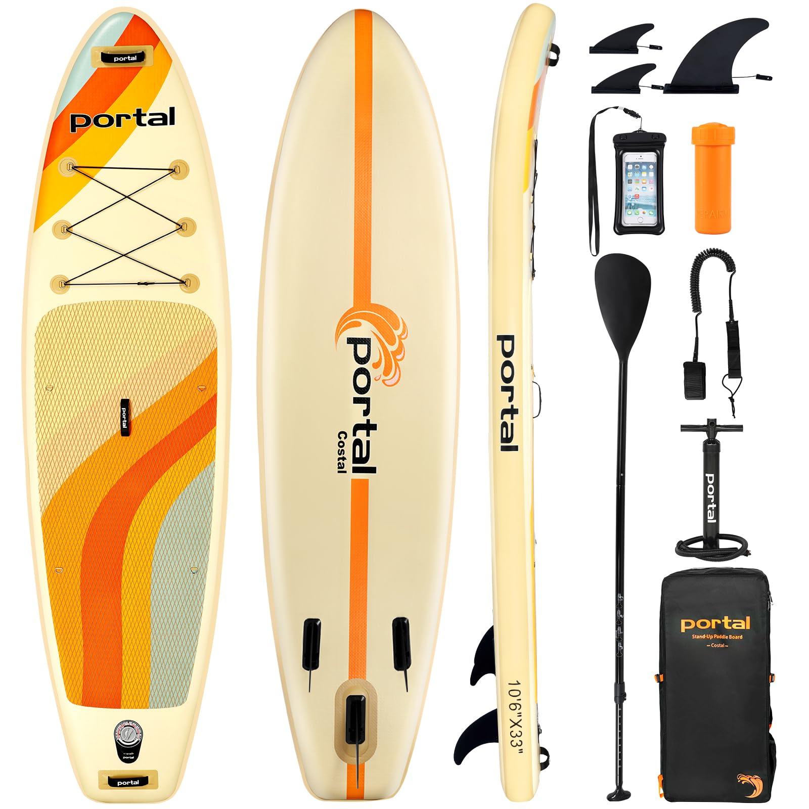 Portal Stand Up Paddle Board, 10'6x33x6 Aufblasbare Paddle Boards mit SUP-Zubehör inklusive Tragetasche, Handpumpe, Paddel, Leine, Flosse, Reparaturset, wasserdichte Handyhülle