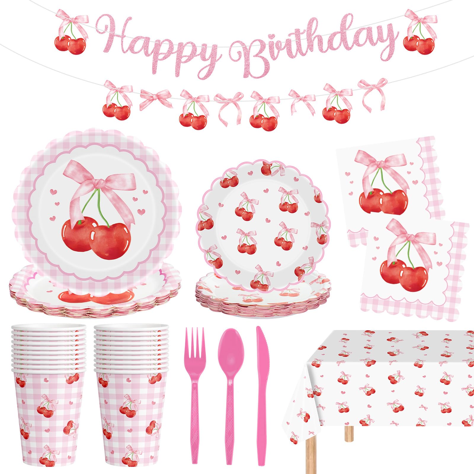 Photo 1 of 170 Pcs Cherry Birthday Decorations - Pink Bows Party Supplies Set, Happy Birthday Banner, Scalloped Paper Plates Napkins Cups, Plastic Tablecloth, Flatware for Coquette Cherry Bday Party Decoration