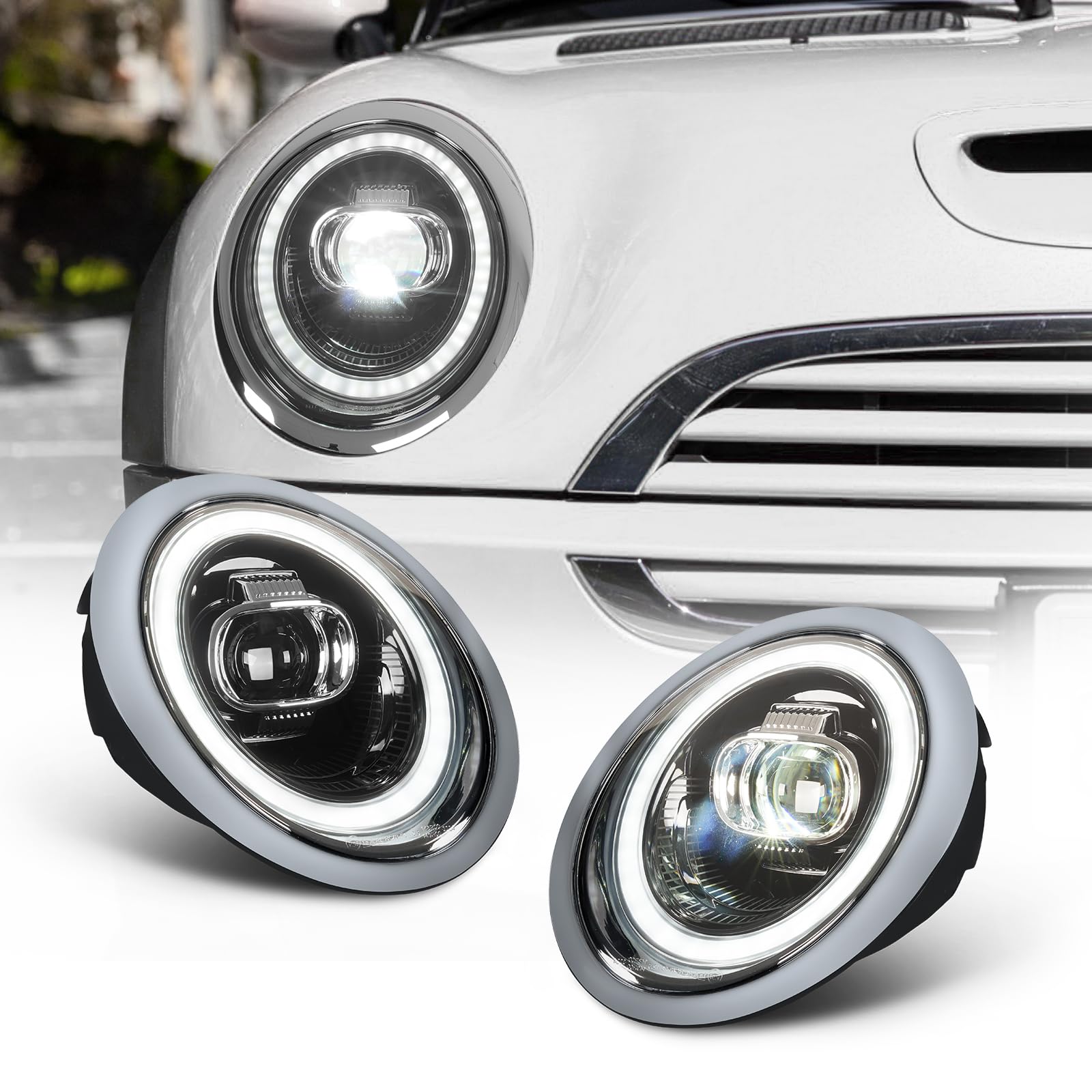 LED-Projektor Scheinwerfer kompatibel mit Mini Schrägheck Cabrio R50 R52 R53 2001-2007, mit Atme blau drl, Paar (links und rechts)