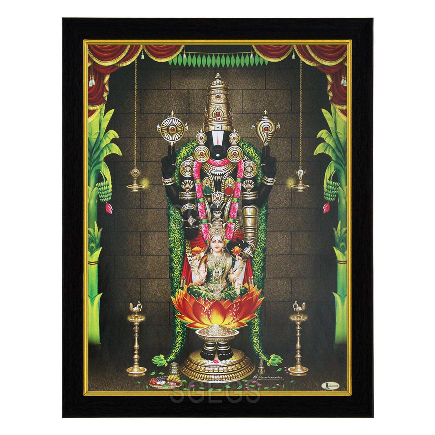 SHREE GANESH ENTERPRISE GIFTING SOLUTIONS God Tirupati Balaji and Goddess Lakshmi HD Photo Frame Lord Painting Pooja Wall Hanging (Wood, Poster with Frame, Multicolour, 23.5x1x31cm)
