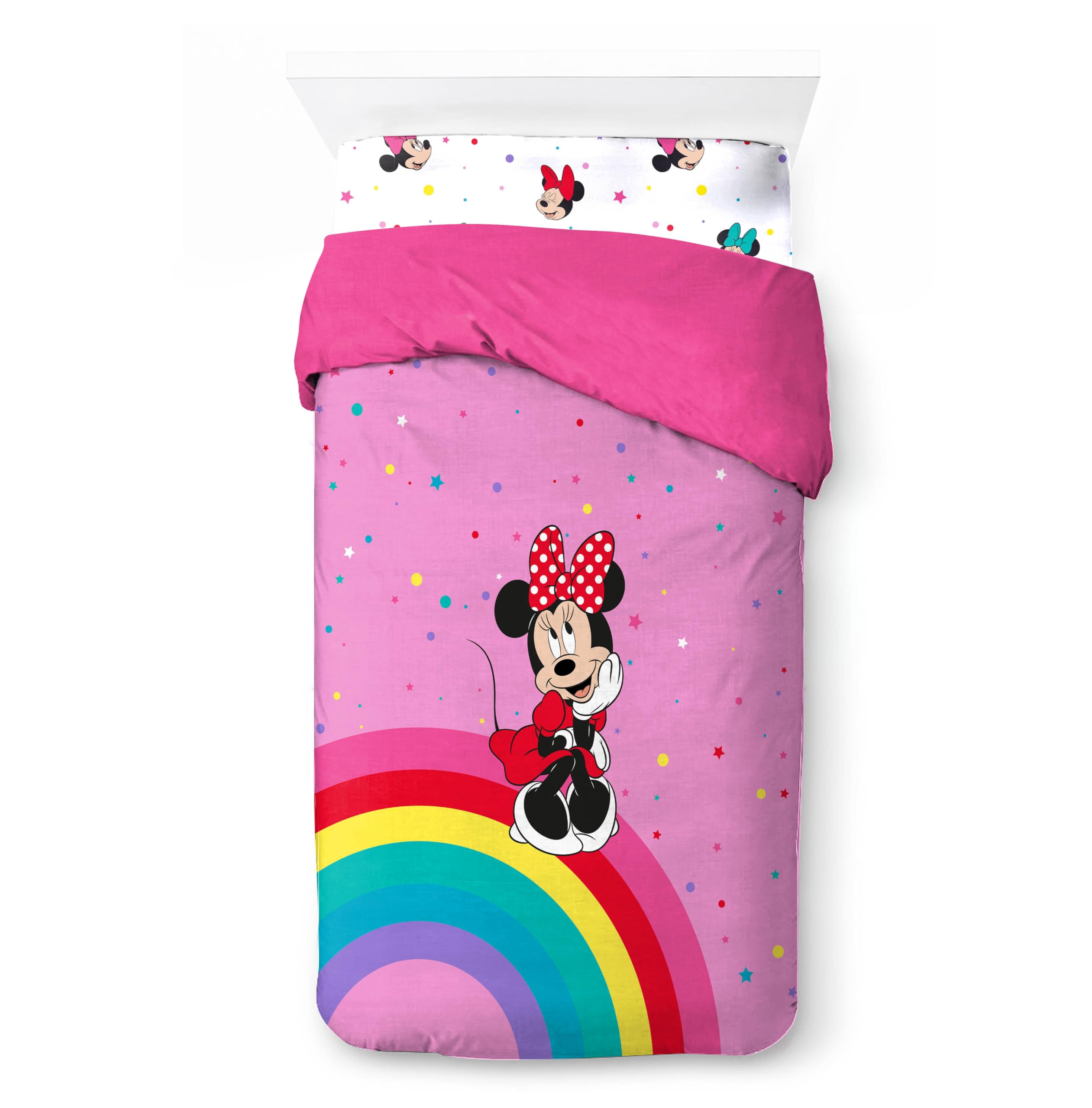 Jay Franco Disney Minnie Mouse Rainbow, 100 % algodón, juego de cama individual, funda nórdica, sábana bajera ajustable y funda de almohada