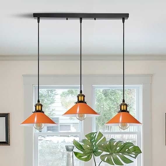 LEDSone LEDSone Vintage Industriële Gele Plafond Hanglamp Kegel Metalen Licht Schaduw Kroonluchter 3 Way Lamp Schaduw Decor ((oranje) photo 3