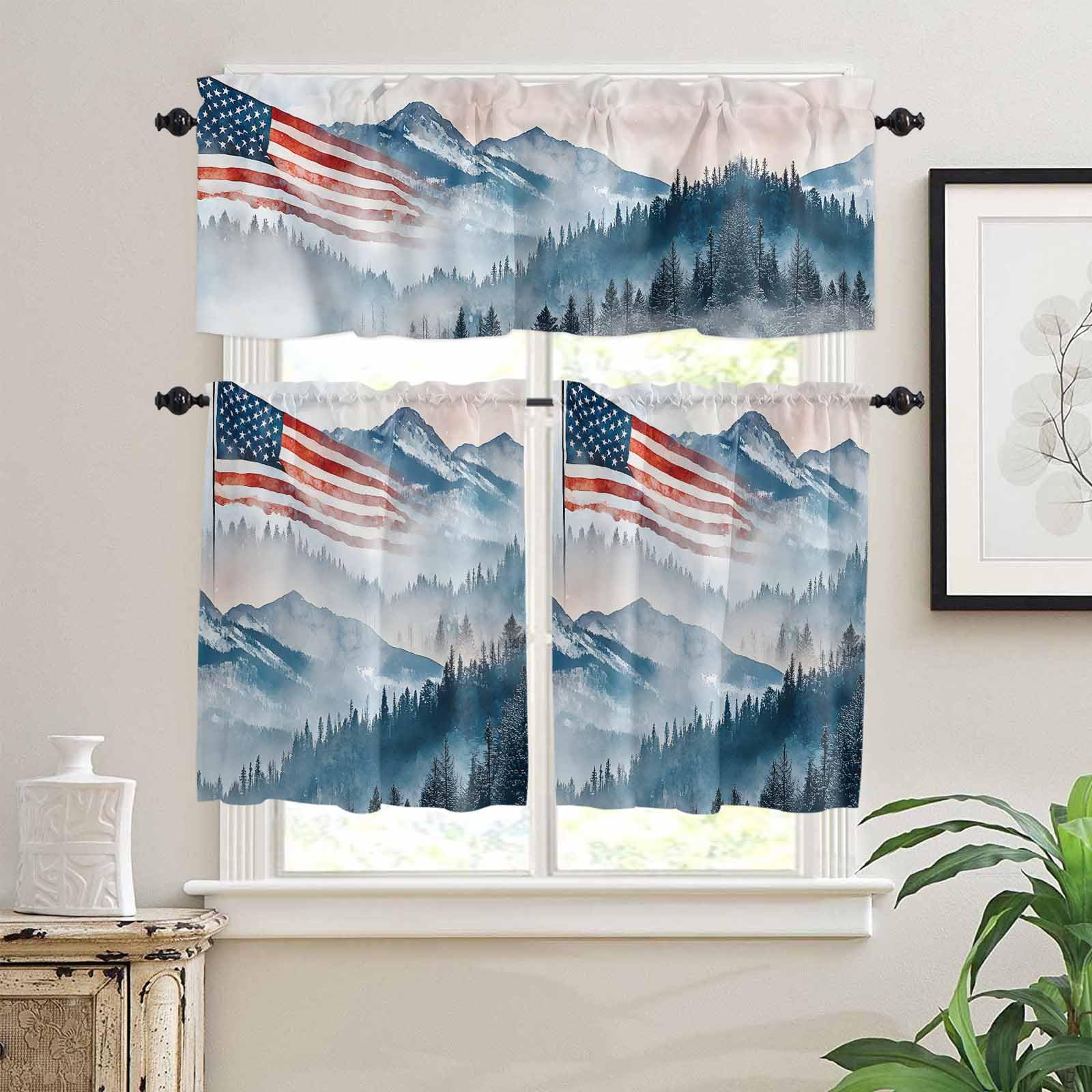 American Flag Kitchen Curtains 24 Inch Length, 3 Piece Rod Pocket Small Half Tiers and Valance Set, Forest 4th of July Independence Day Small Large Window Treatment Decor for Bedroom/Bathroom Sink