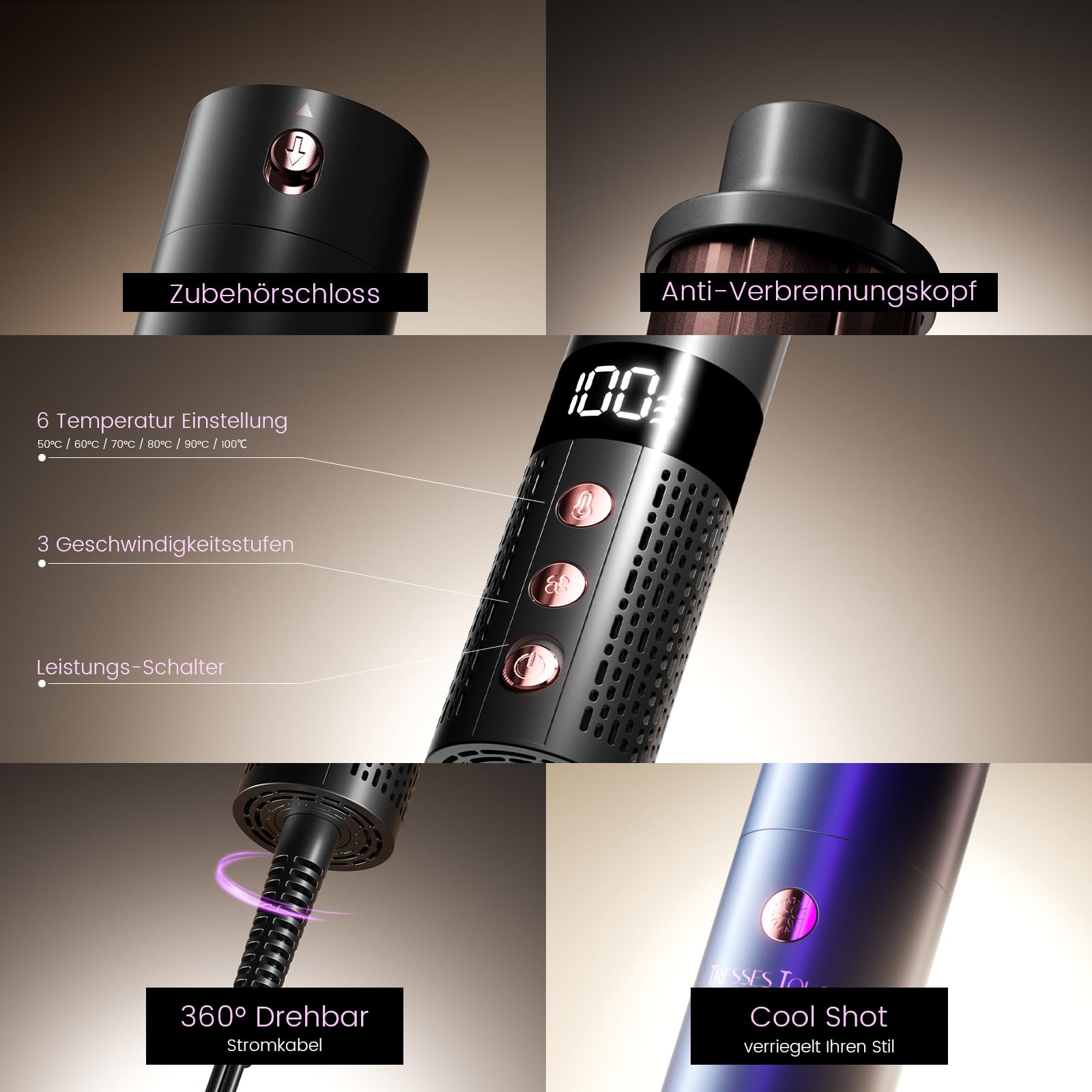 Hairstyler 6 In 1 Airstyler Haarstyler mit Rundbürstenföhn, Airflow Lockenstab Automatisch, Volumen Föhnbürste, Haartrockner, 110000RMP, 1400W Airwrap für Locken, Volumen, Glätten, Trocknen, Rose Gold