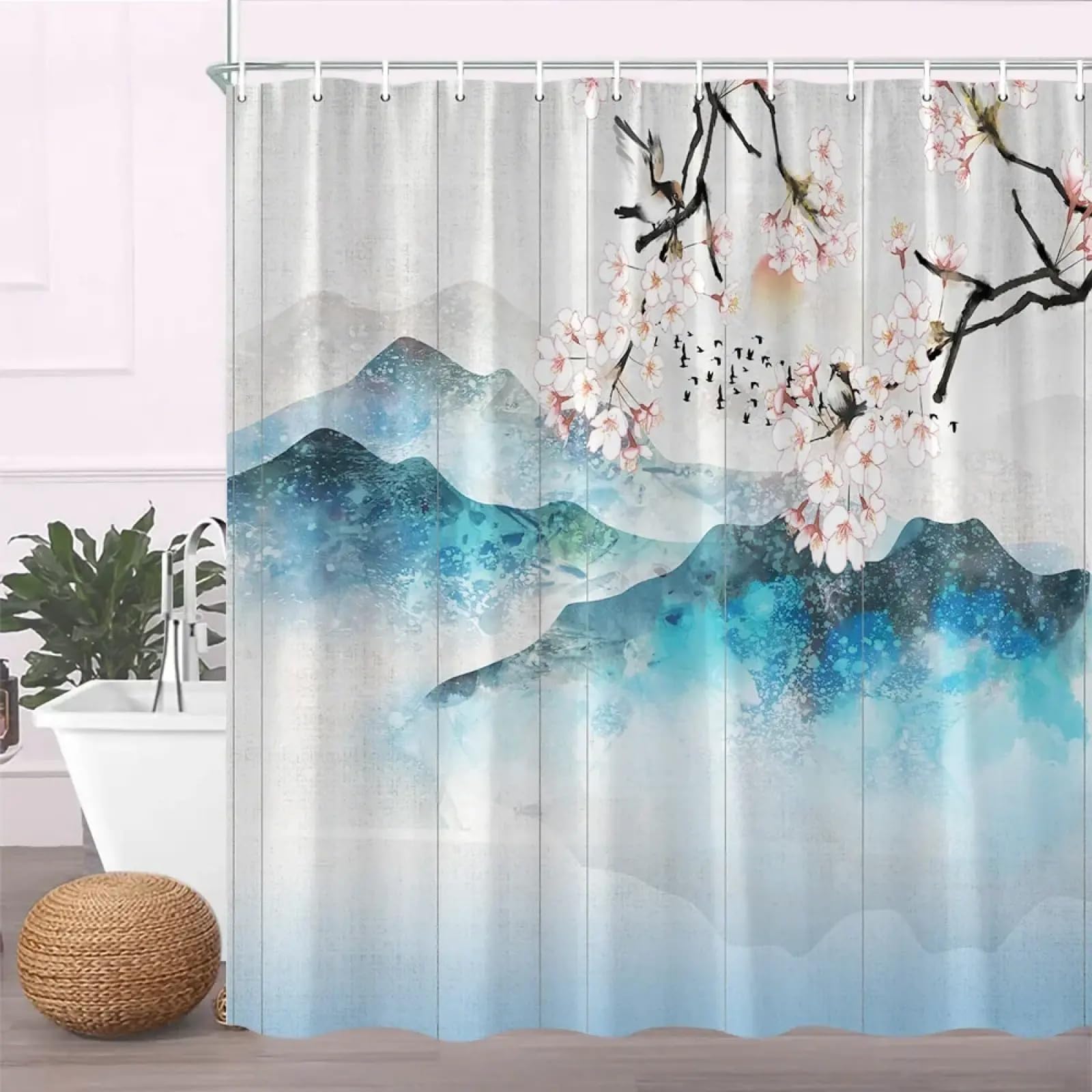 Rideau de douche à fleurs japonaises en tissu pour salle de bain 149x210cm