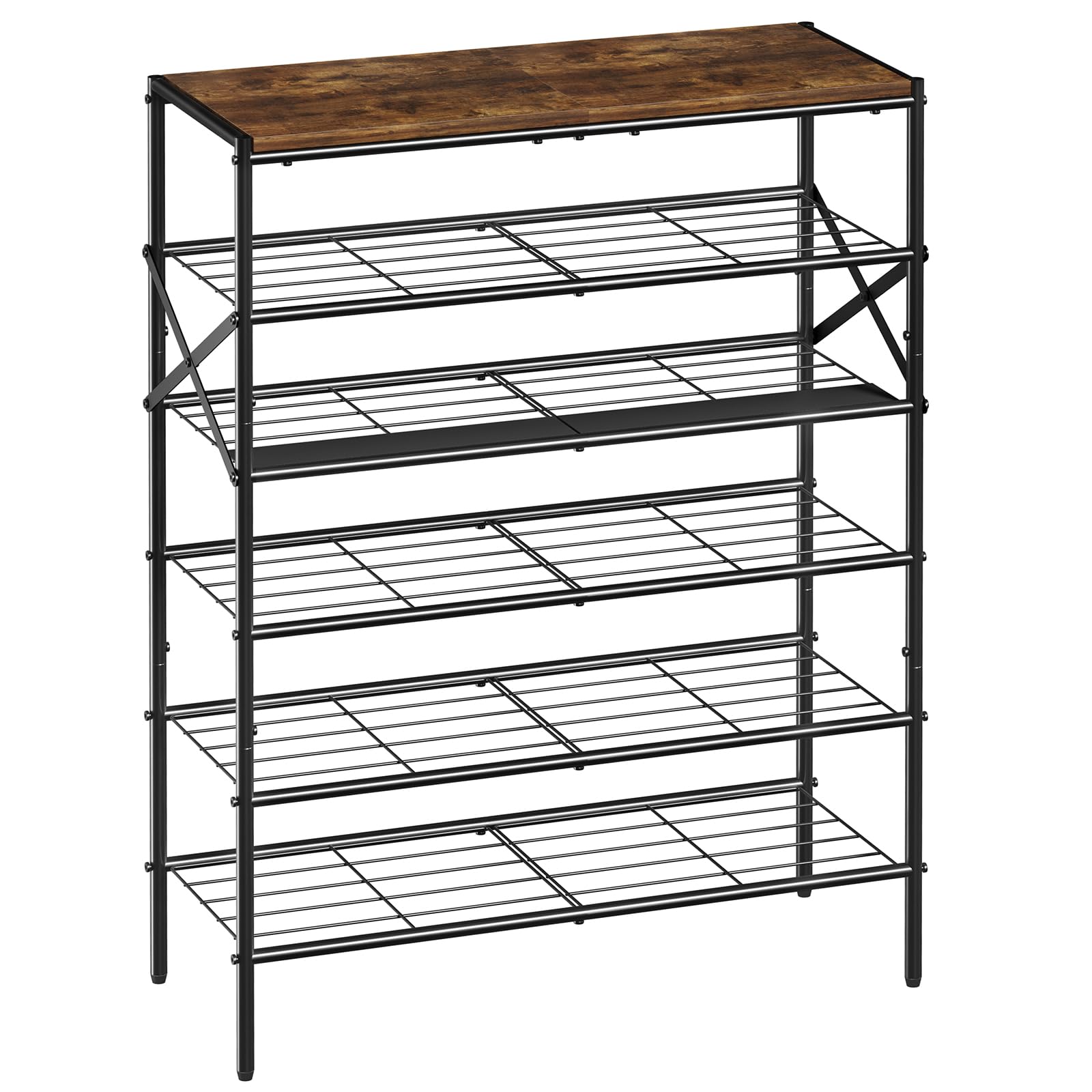 6-Tier Metal Shoe Rack Organizer Shoe Storage for Entryway 18-24 Pairs Narrow Shoe Rack for Closet Heavy-Duty Shoe Rack with Wooden Top Shelf for Garage Rustic Brown