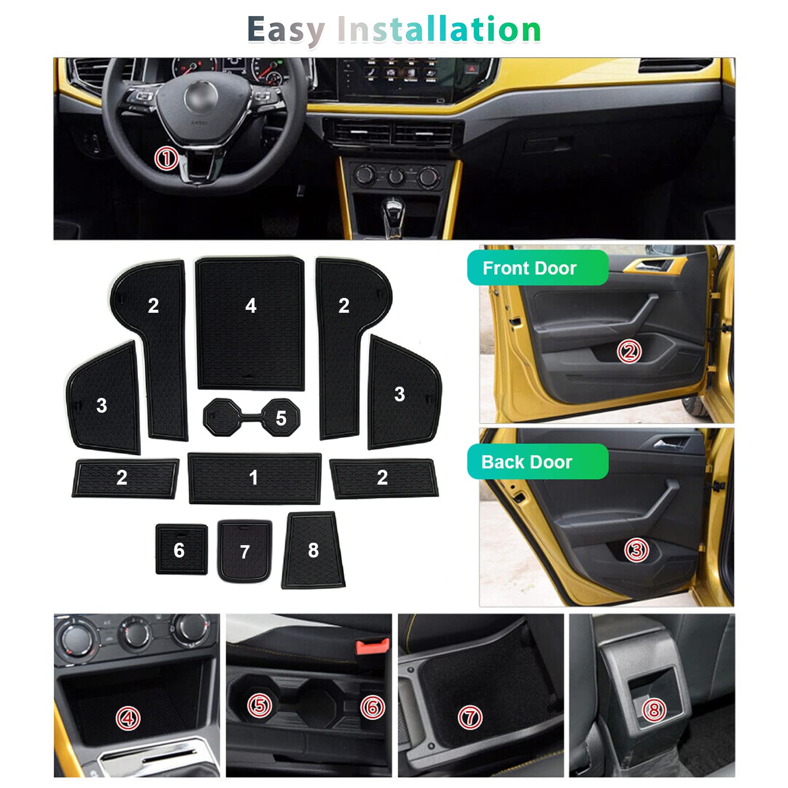 GAFAT Compatibile con VW Taigo/Nivus 2021-2024 2025 Tappetini Antiscivolo in Gomma, Taigo 2023 Tappetini per Console Centrale, Scatola Portaoggetti, Cuciture Porte, Accessori Taigo (Nero)