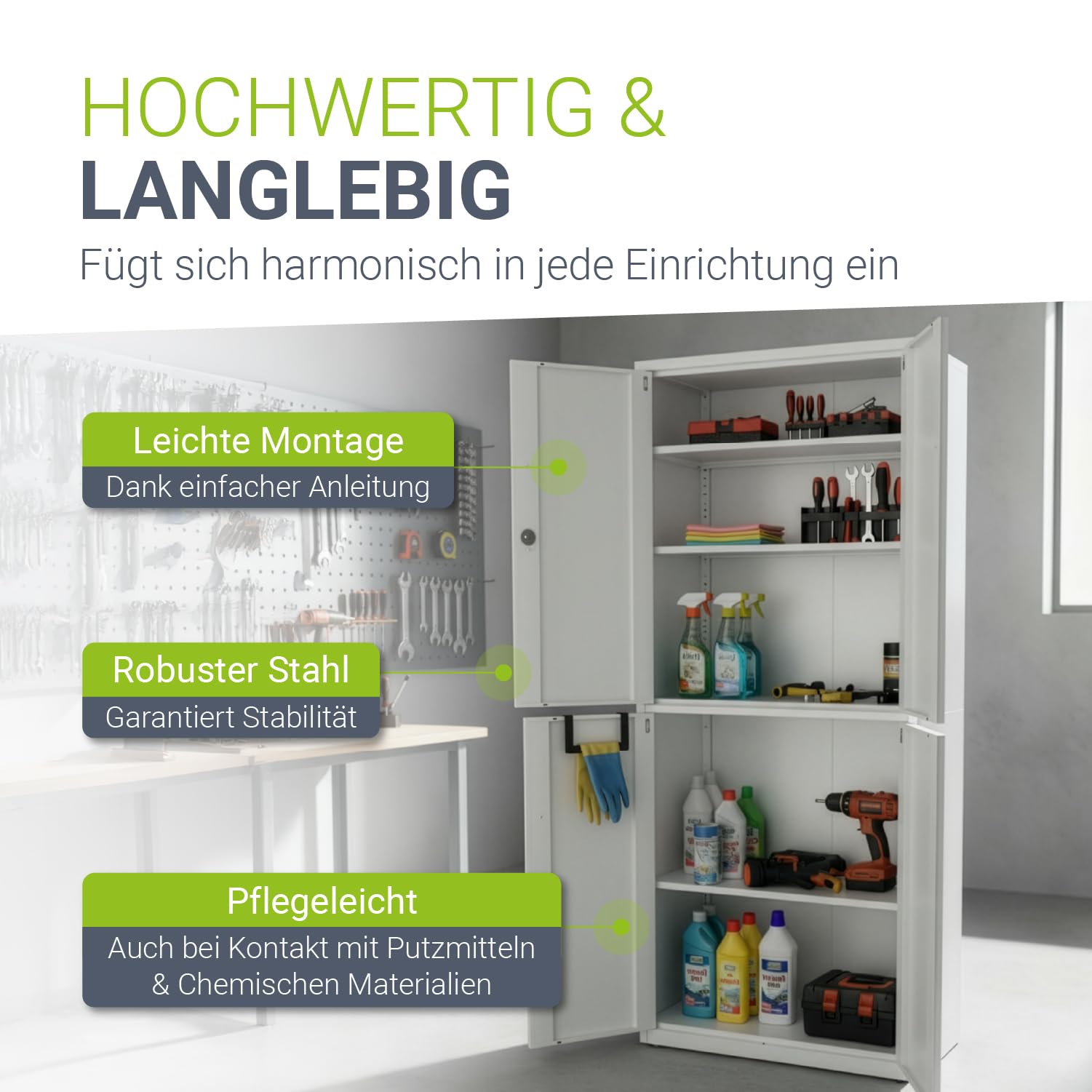 Juskys Aktenschrank aus Metall – 180x80x40 cm abschließbarer Büroschrank aus Stahl mit 3 verstellbaren Einlegeböden, höhenverstellbare Füße - Weiß