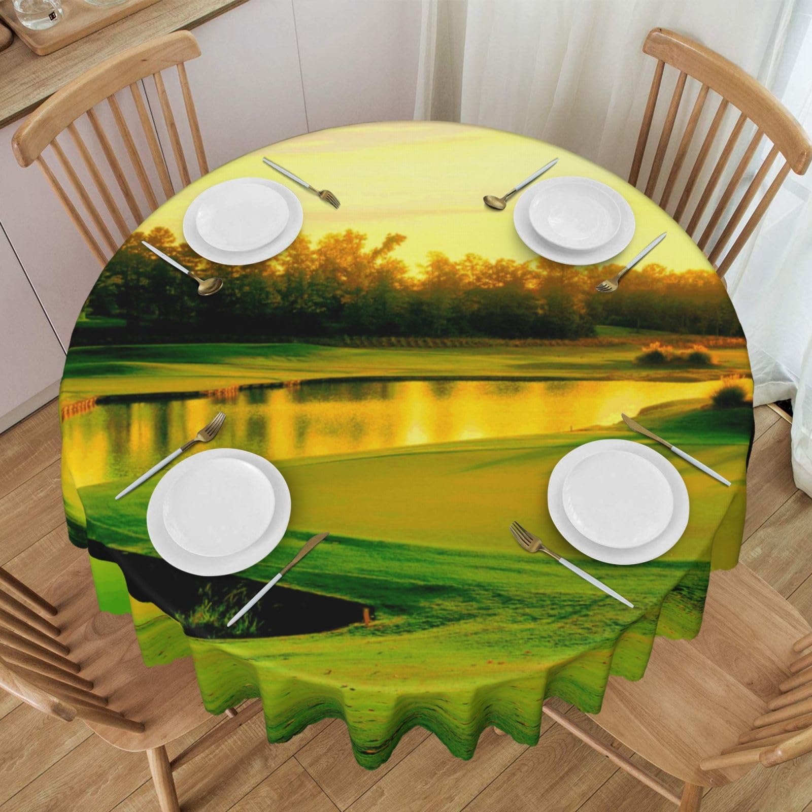 DCEHGEW 60 In Round Tablecloth with Lace, Golf Course Printed Oilproof & Washable Fabric Picnic Table Cloth Table Covers