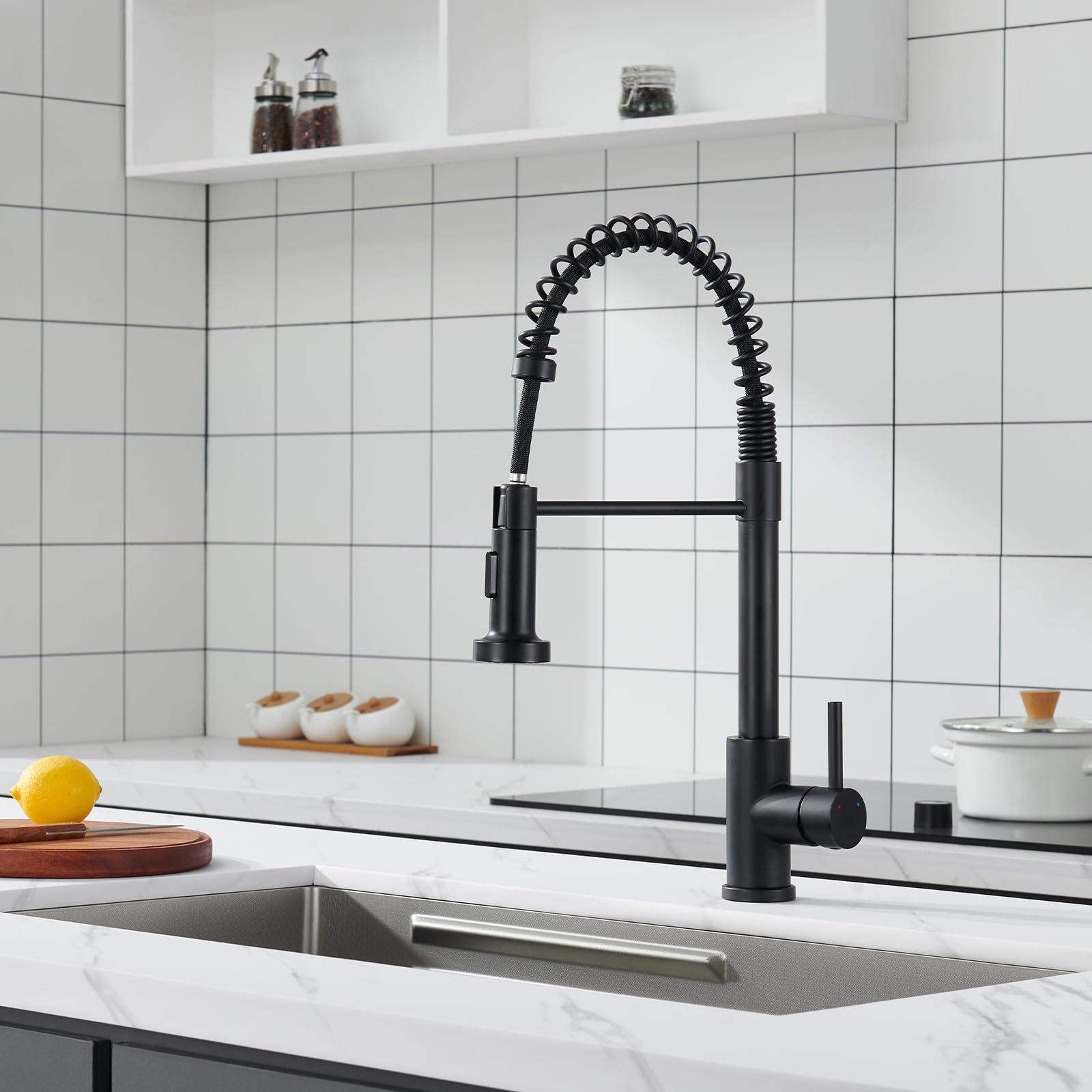 Küchenarmatur Ausziehbar ohne Wasserzulaufschlauch, Wasserhahn Küche Schwarz mit 2 Strahlarten Brause, Mischbatterie Küche Hochdruck, Edelstahl Armatur Küche 360° Schwenkbar Spültischarmatur