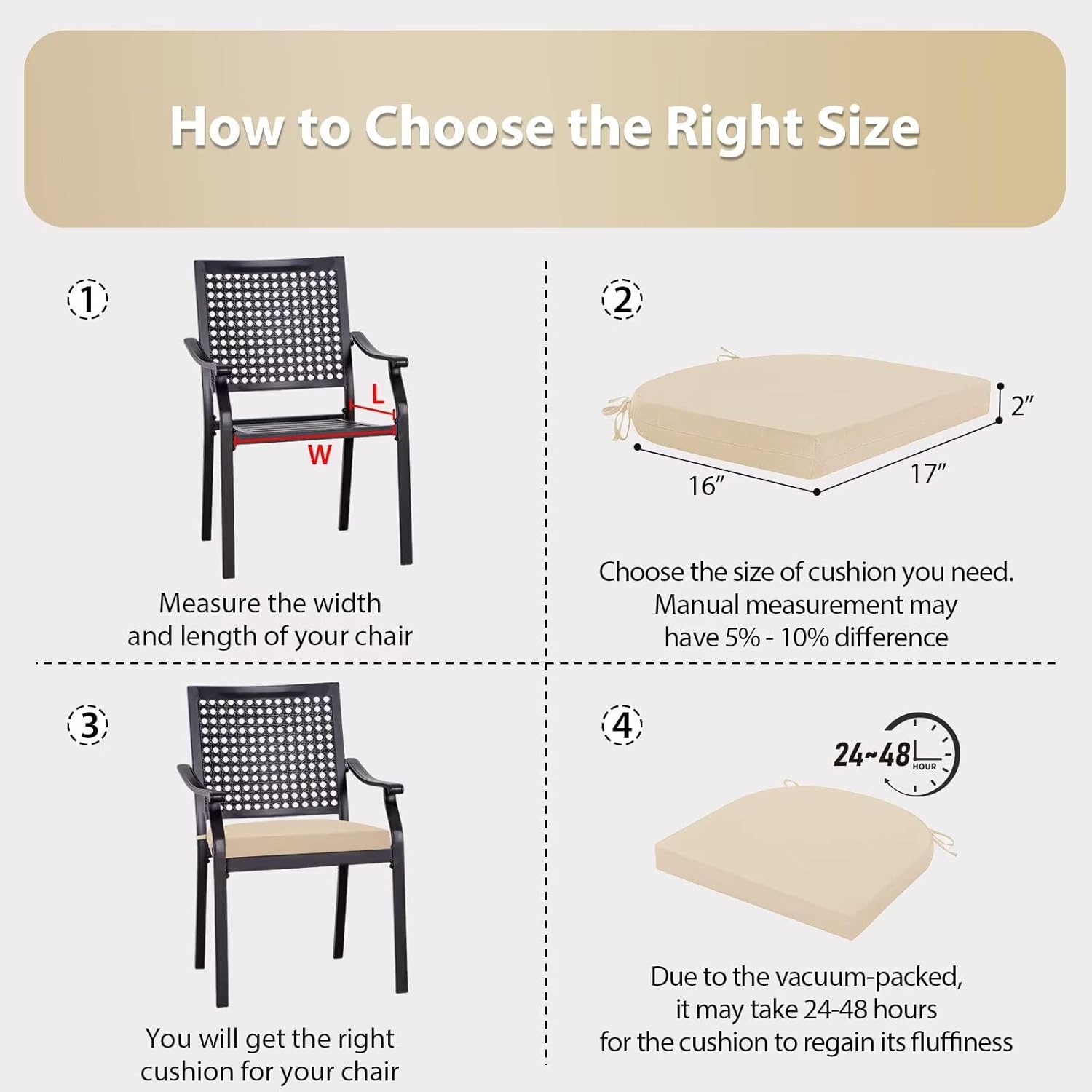Outdoor Chair Cushions Set of 4, 17x16x2 Inch Patio Furniture Cushions, Water Resistant, Non-Slip Ties (Beige)