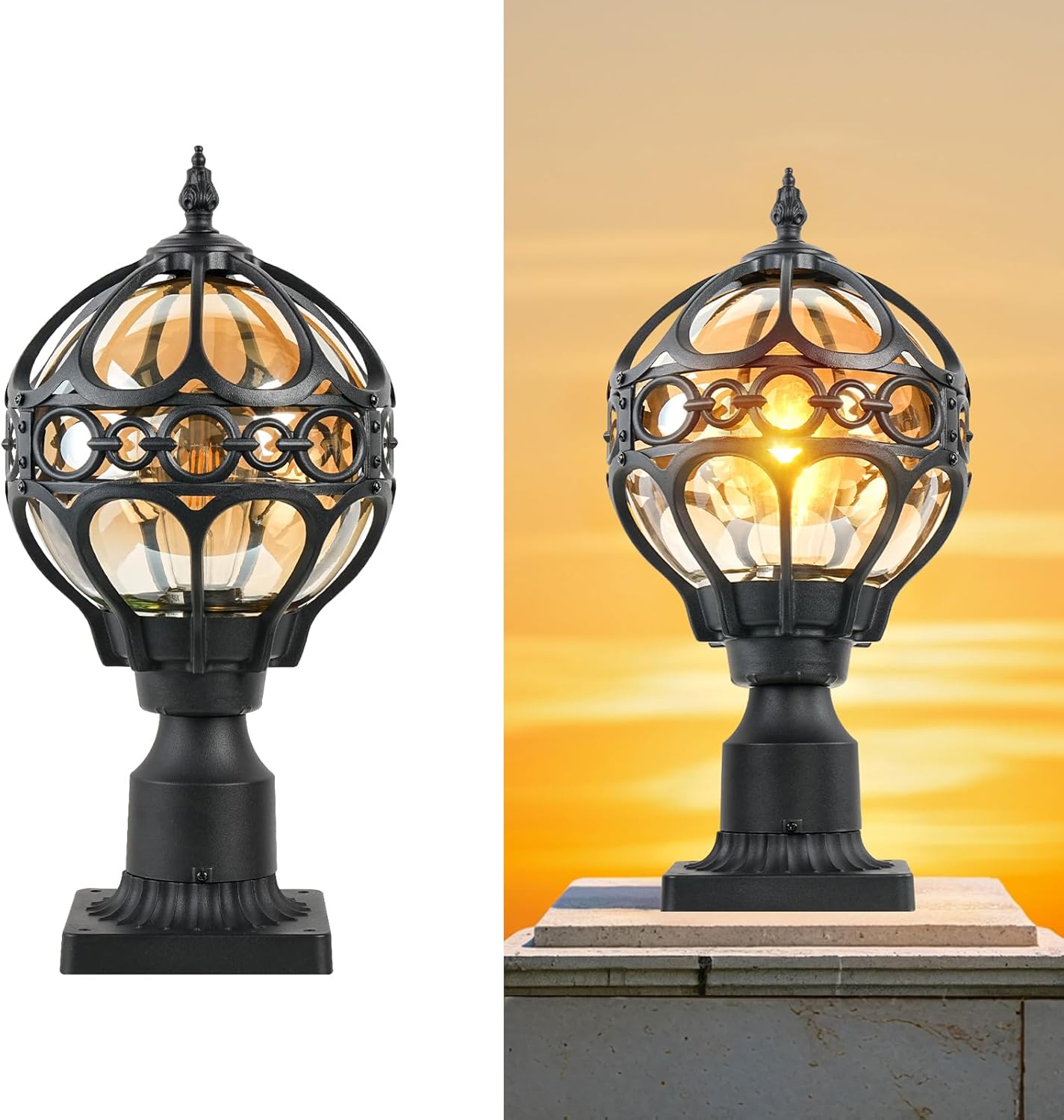 Outdoor Lamp Post Lights, Aluminum Rust-Proof Globe Post Light for Porch Front Door Driveway Lawn Garden, Black Sphere Exterior Pillar Post Light, Hardwired 3" Pier Mount Post Lantern