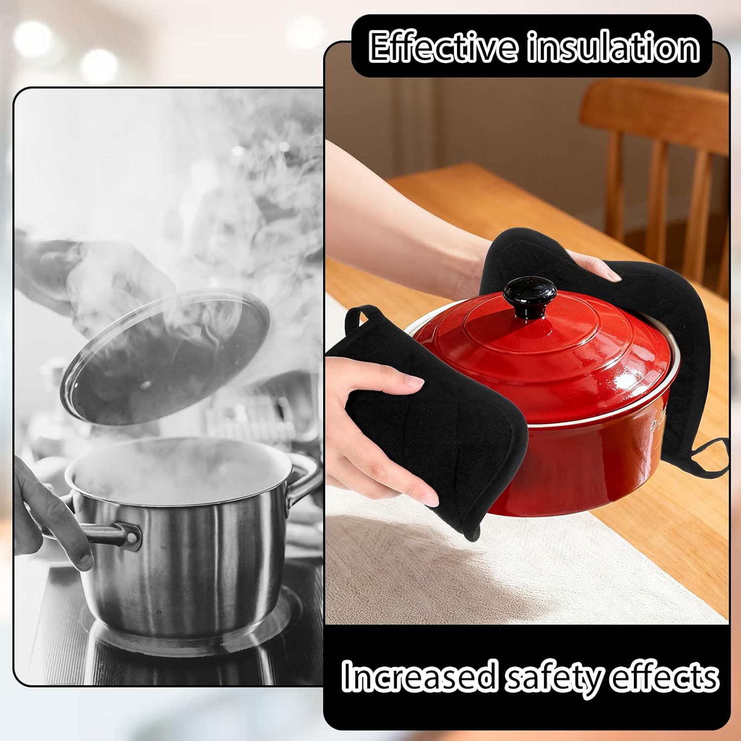 2 Pcs Cotton Pot Holders, 17cm/6.7-Inch Square Potholders for Kitchen, Non Slip Kitchen Pot Holders Cotton Lining Hot Pads for Baking Cooking Oven (Black) - Image 3