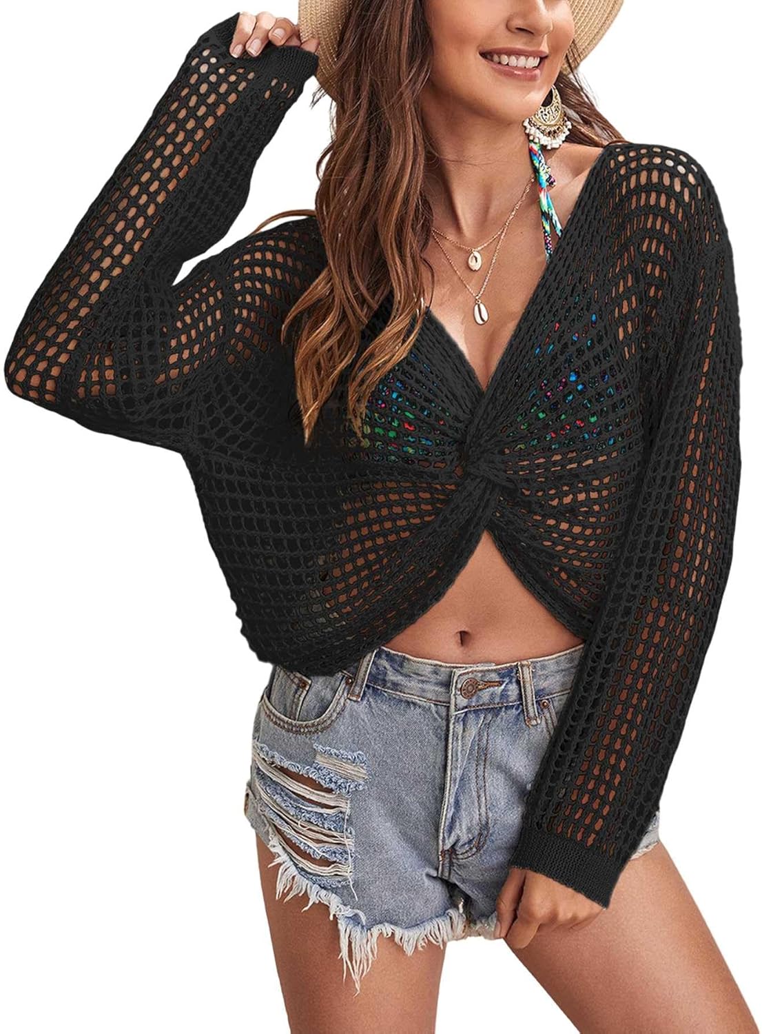 Womens Slim Fit Crochet Knit Long Sleeves Swimsuit Coverup Cropped Top Summer 2025 V Neck Twist Knot Swimwear Coverups Beach Swim Bikini Bathing Suit Cover Up Crop Tops Black L