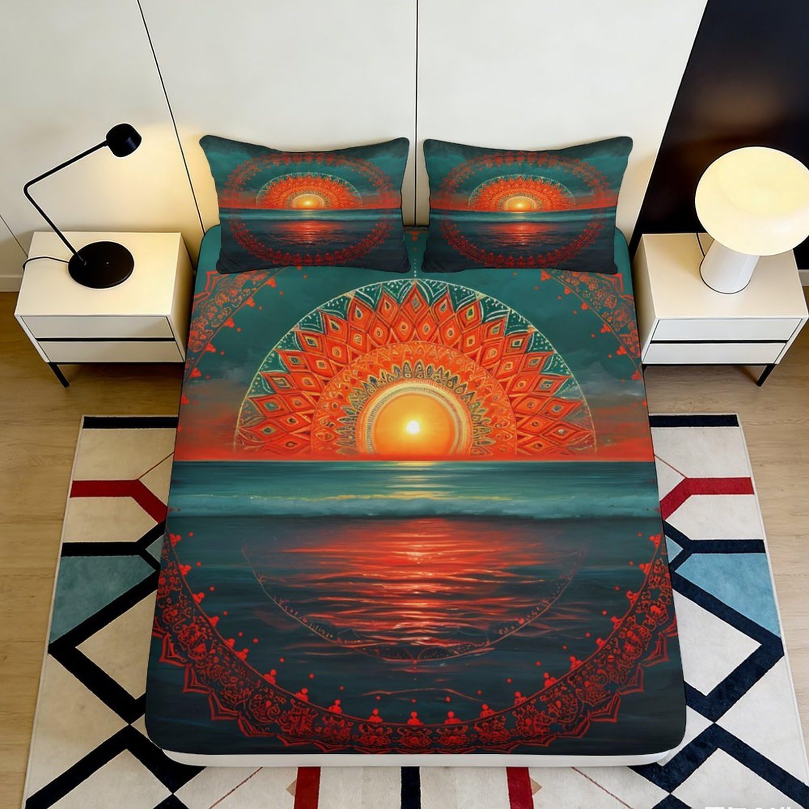 Pnayamiorkfel Style-5 3D Printed Mandala Sunset Fitted Sheet Microfiber Non-Slip Ocean Sunrise Mattress Cover Bedroom Decor 90X200x25cm
