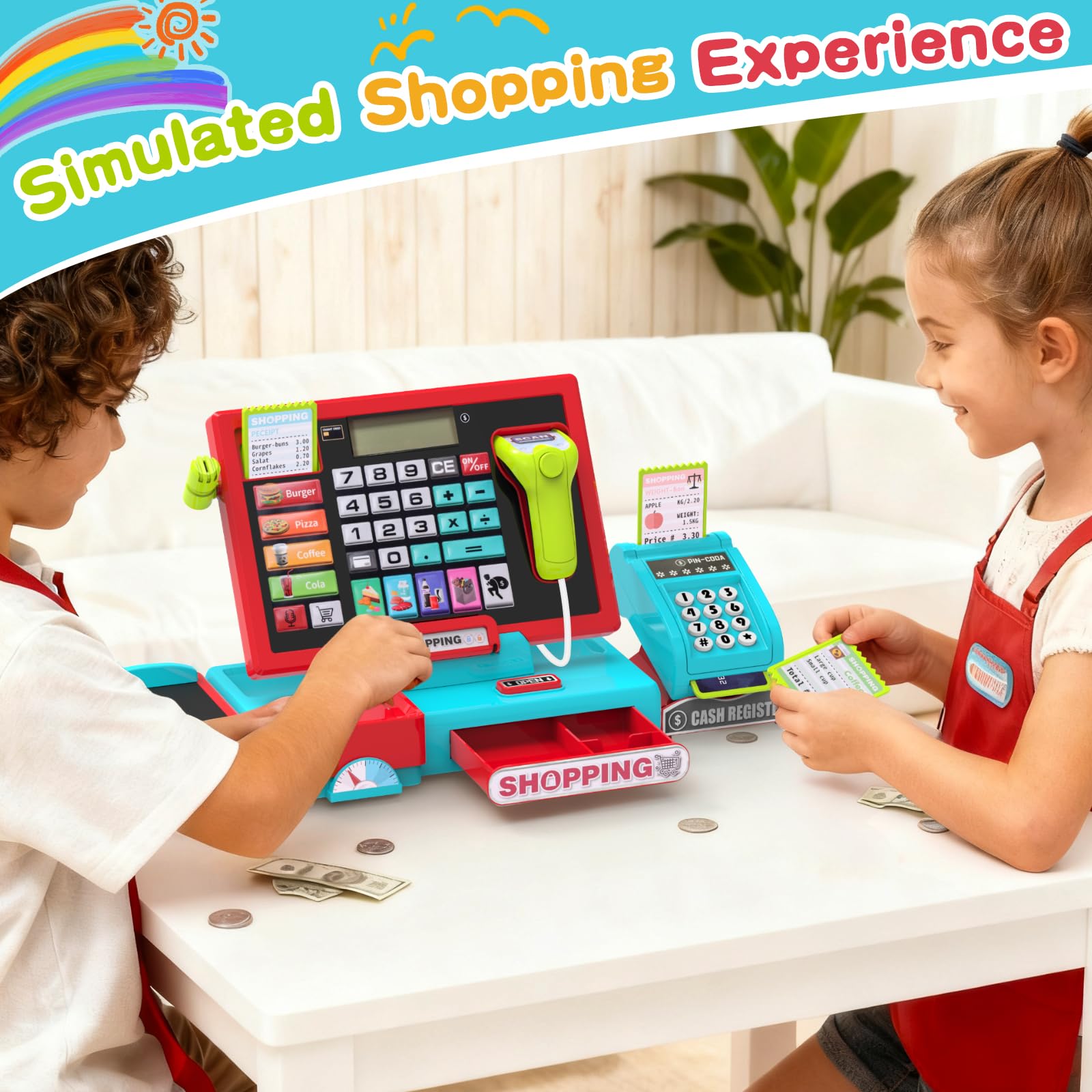 Caisse Enregistreuse Enfants Électronique, Caisse de Supermarché avec Scanner et Son, Jouet Monnaie pour Enfant avec Accessoires, Jeu Éducatif pour Enfants dès 3 Ans
