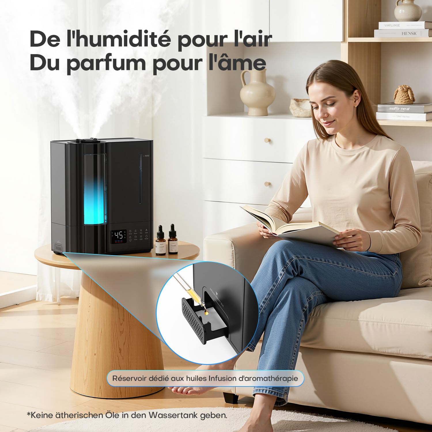 AROEVE 8L Humidificateur d'Air Chambre, Nebbia Chaude & Froide Grande Pièce, Remplissage Supérieur, Diffuseur Arômes, Capteur Humidité, 60H/25dB Silencieux pour Bébé Enfants Plantes