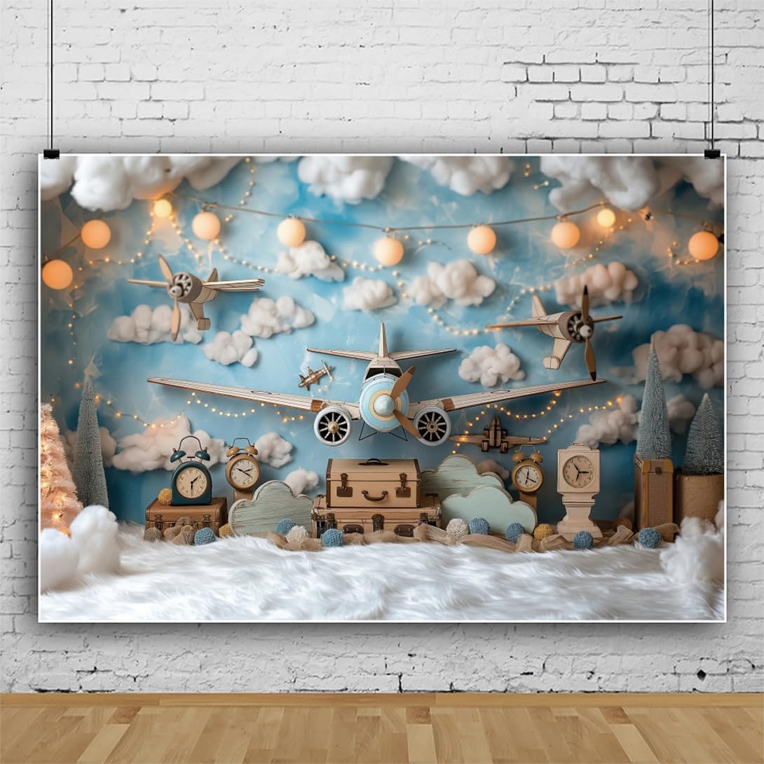 Yeele 10x8ft Travel Adventure Airplane Backdrop for Boy 1st Birthday Blue Sky Clouds Aircraft Travel Around The World Background for Baby Shower Birthday Party Supplies Portrait Photo Shoot Prop image 2