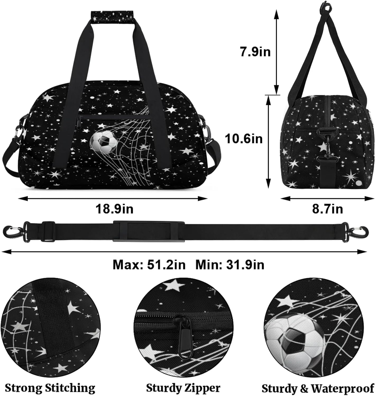 Sports Duffel Bag Business Trip, Soccer Goal Stars Pattern Black
