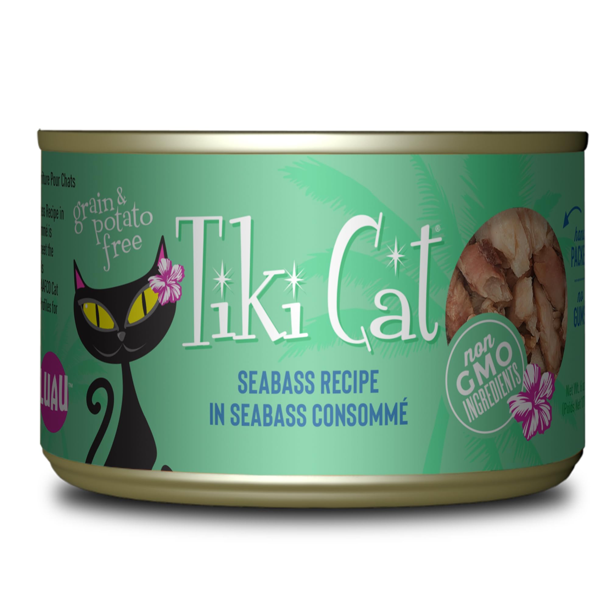 Tiki Cat Luau Shredded Meat, Seabass Recipe in Seabass Consumme, Grain-Free Balanced Nutrition Wet Canned Cat Food, For All Life Stages, 6 oz. Can (8 Count)