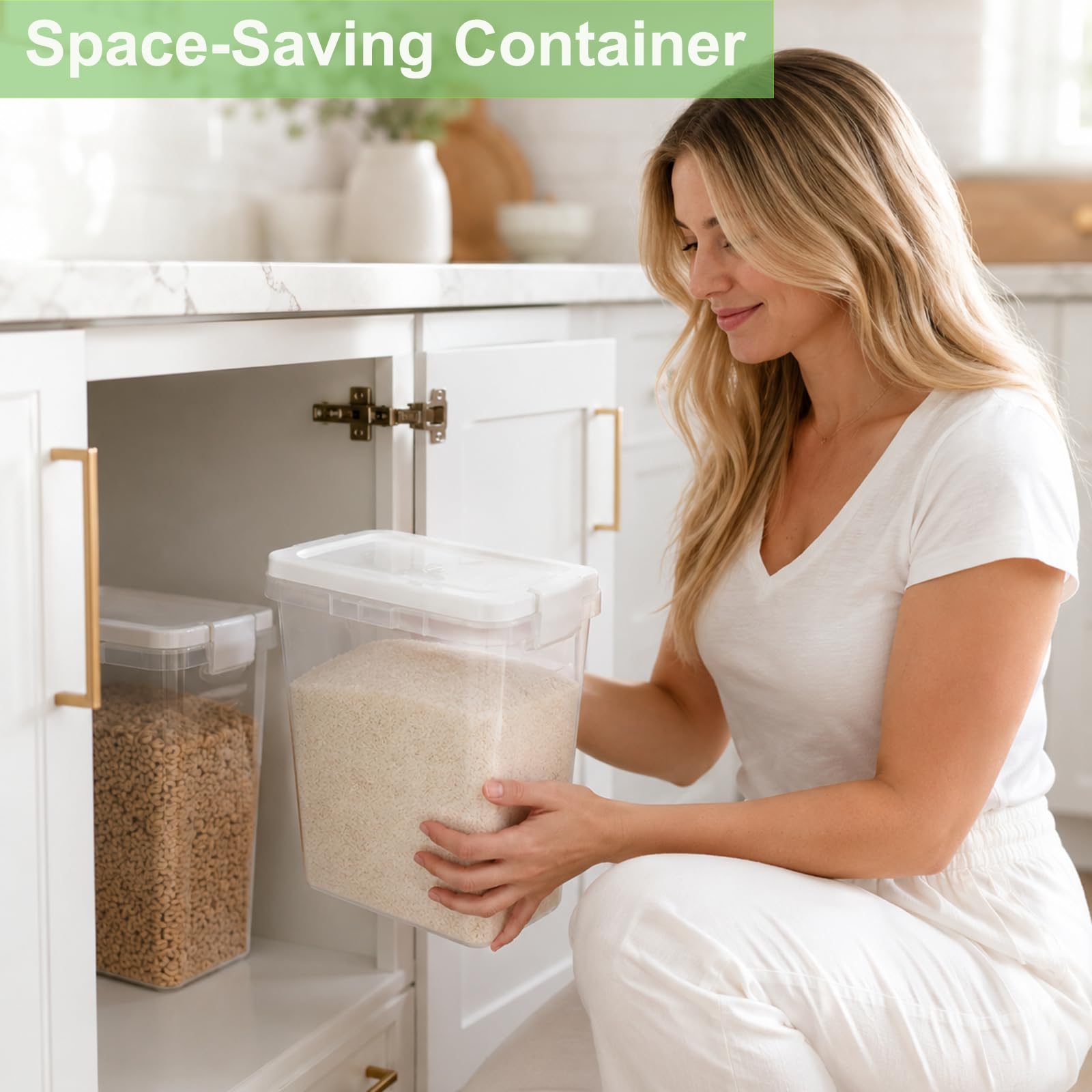 Contenedor de arroz hermético de 15 libras, contenedor hermético para harina con cuchara, contenedor de plástico de grado alimenticio para cereales, azúcar, dispensador de alimentos secos para cocina,
