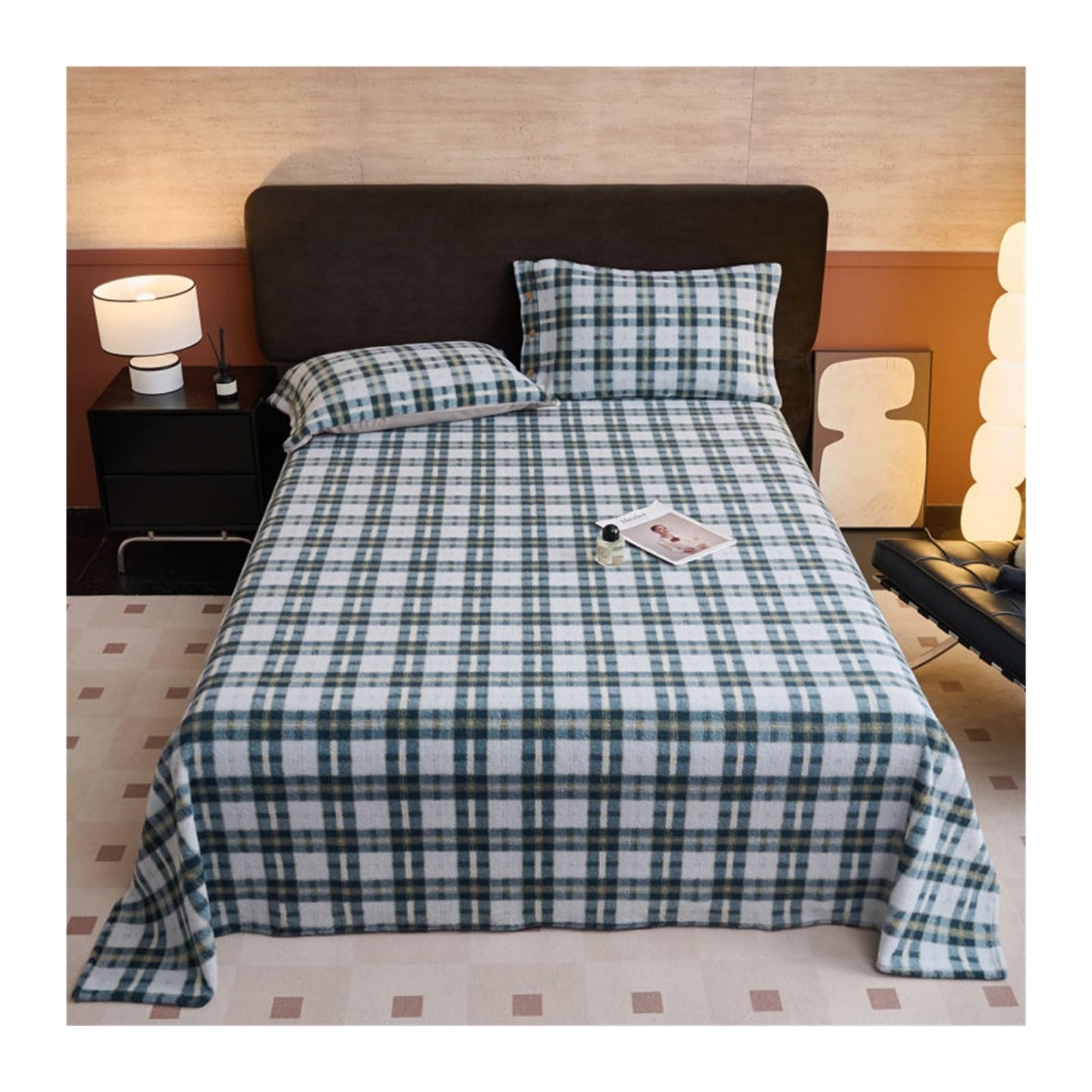 Winter Bettlaken ohne Gummizug 180x230 230x250 kuscheliges Mikrofleece-Plüsch Flanell Betttuch Cashmere Touch Weiche Laken for Winter und Frühling(Grid F,230x250cm+48x74cm x2)