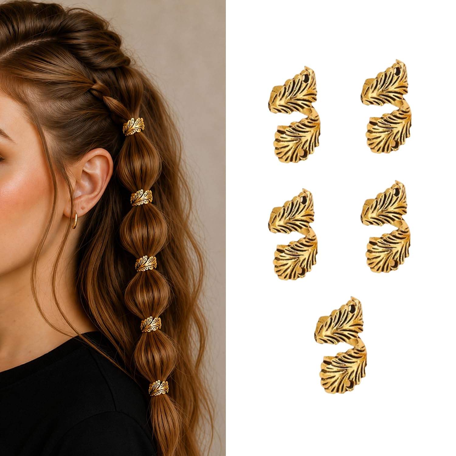 S.A.V.I 5 PCS Antique Gold Leaf Hair Braid Rings for Women & Girls | Vintage Alloy Dreadlock Cuffs & Braiding Clips | Feather Design Hair Accessories for Braids, Dreads & Styling-image-7