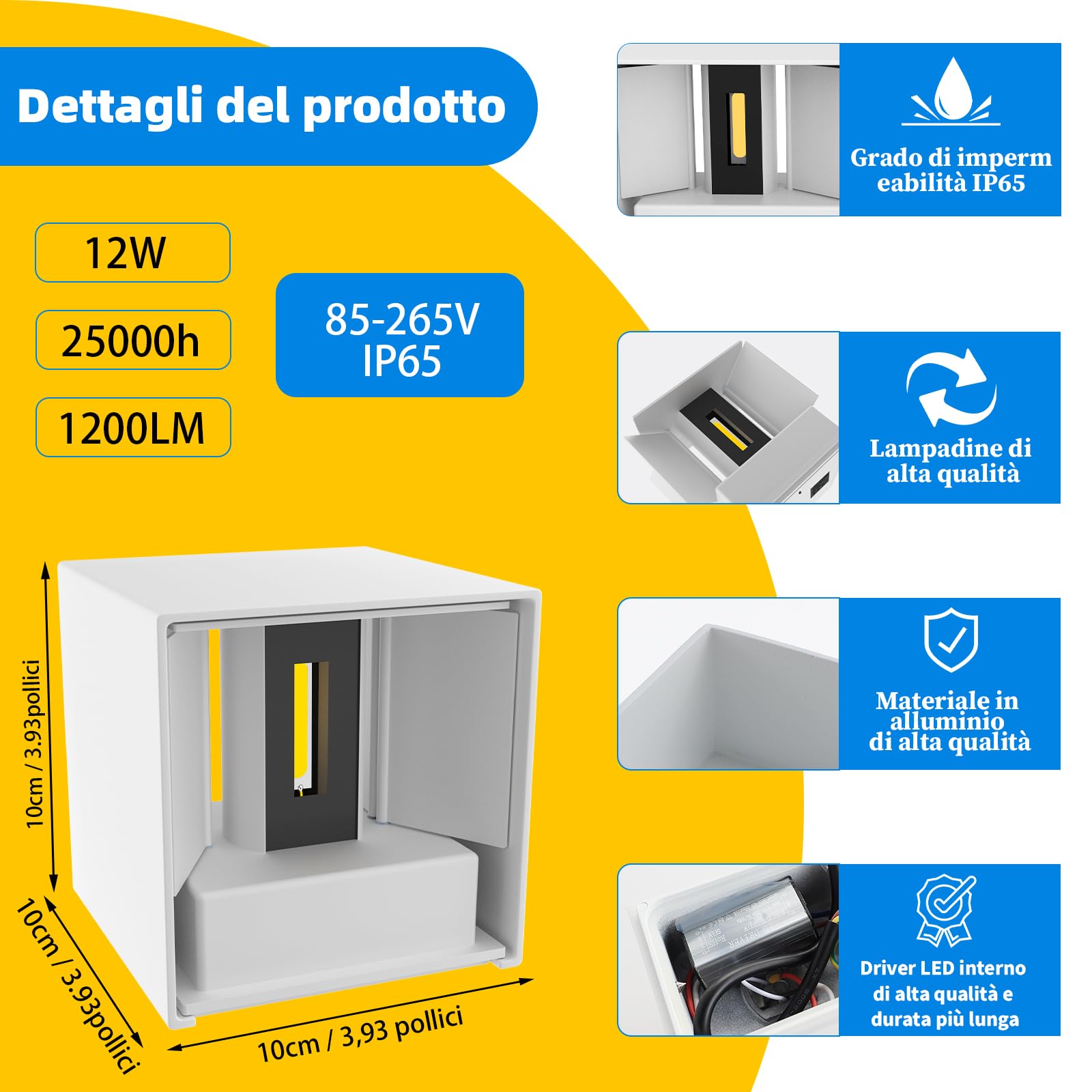 Voltix 2 Pezzi Applique da Parete Esterno Interno LED 12W 4000k, Lampada da Muro Moderna Impermeabile, Lampade da Esterno Quadrata BIANCO (Bianco Naturale - 4000K)