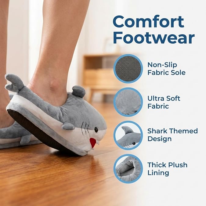 Plush Shark Slippers for Women & Men Cozy Soft Non-Slip Animal House Shoes, Funny Shark Slides for Adults & Kids