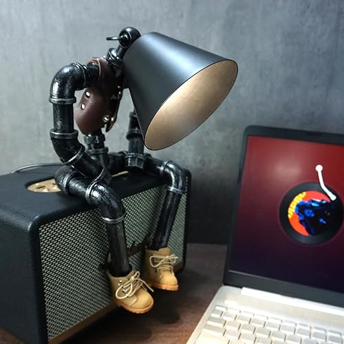 Miniatura 6 de Lámpara de mesa Steampunk Cowboy Robot, diseño de botas y chaleco con luces de robot industrial, brillo ajustable, decoración retro única y regalos