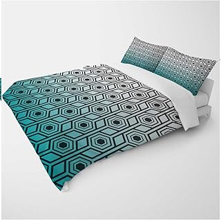 YANFENQI Full Double Duvet Cover White Cyan Teal Gradient Geometric Checked Camping Themed Bedding for Kids Teens Adults (Full,80