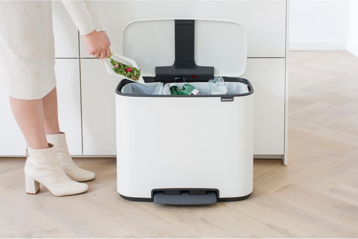 Brabantia Bo Step-On Kitchen Trash Can with Dual Compartments | White | 3 + 6 Gal Inner Buckets | Soft-Close Garbage Can, Light Pedal Operation, Stay-Open Lid | Fits Against Wall | + Trash Bags