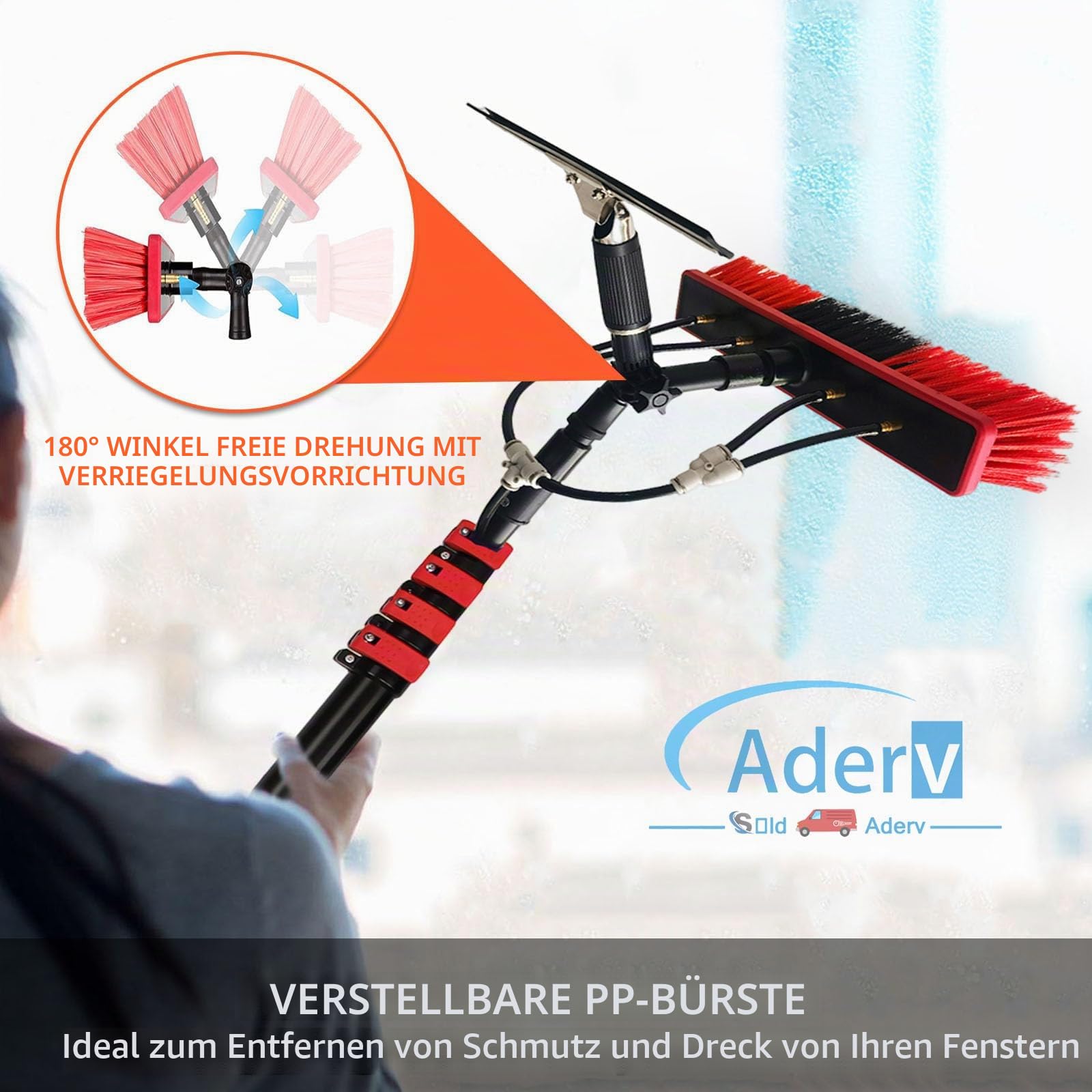 Teleskopstange für Fensterreinigung 3.6-10.8M, Waschbürste mit Seifenspender, Wintergarten-Reinigungsset, PV-Anlage, Terrassendach reinigen (35cm Brush, 3.6M)