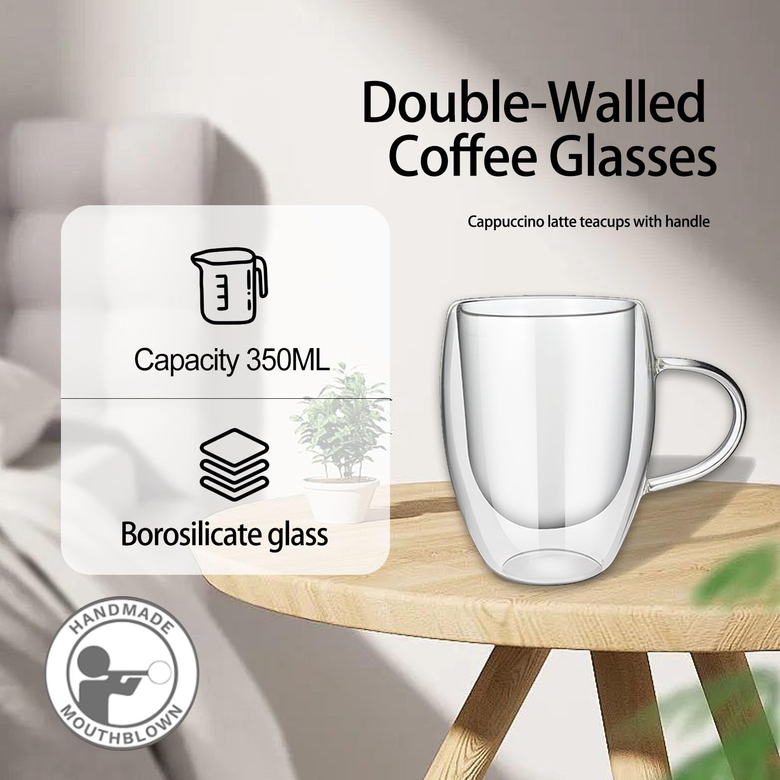 Doppelwandige Glas-Kaffeetassen, 350 ml, isolierte Latte-Gläser, 6 Stück, hohle isolierte Glas-Kaffeetassen mit Griff, für Latte, Cappuccino, hitzebeständig